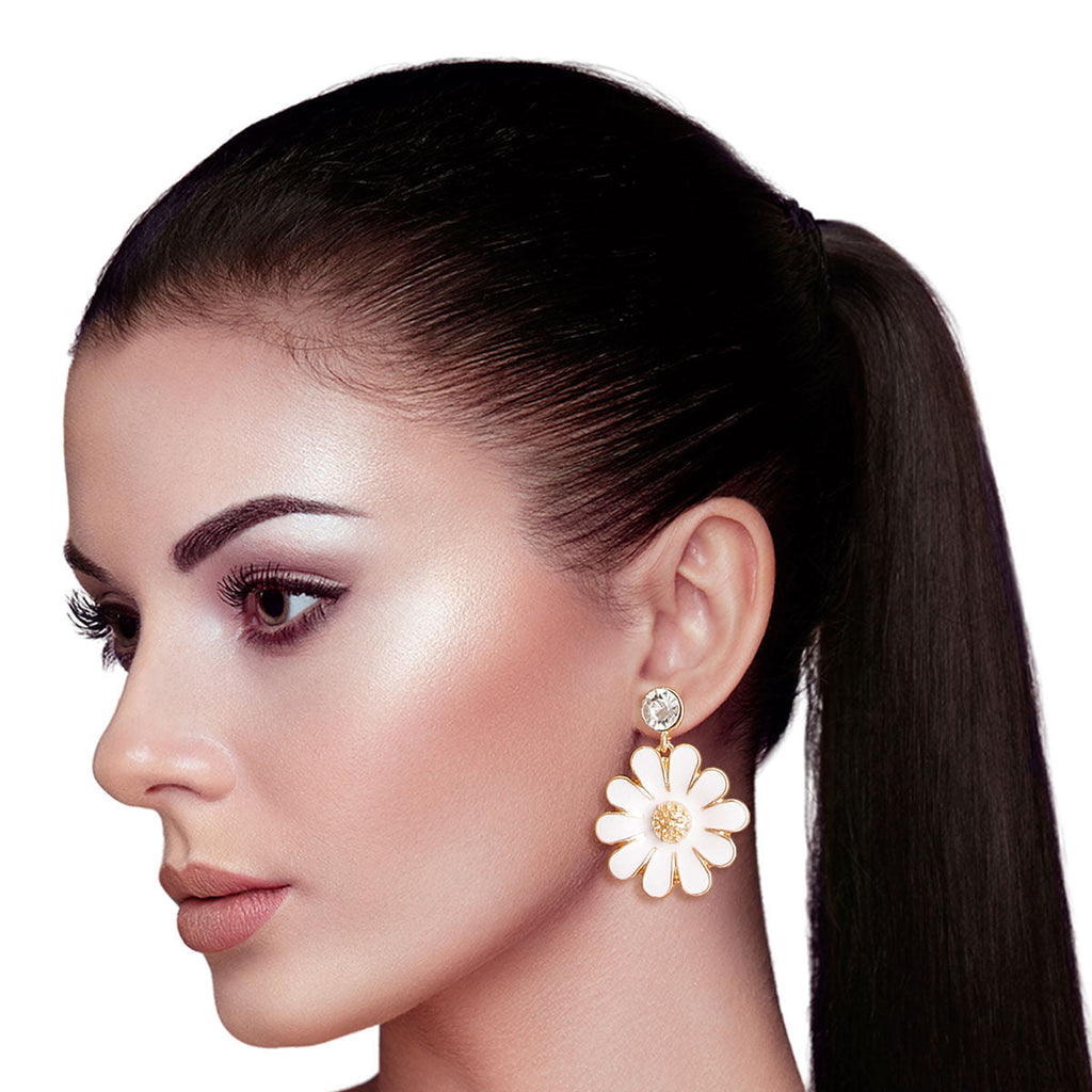 Metal Daisy Earrings White Stylish Statement Jewelry