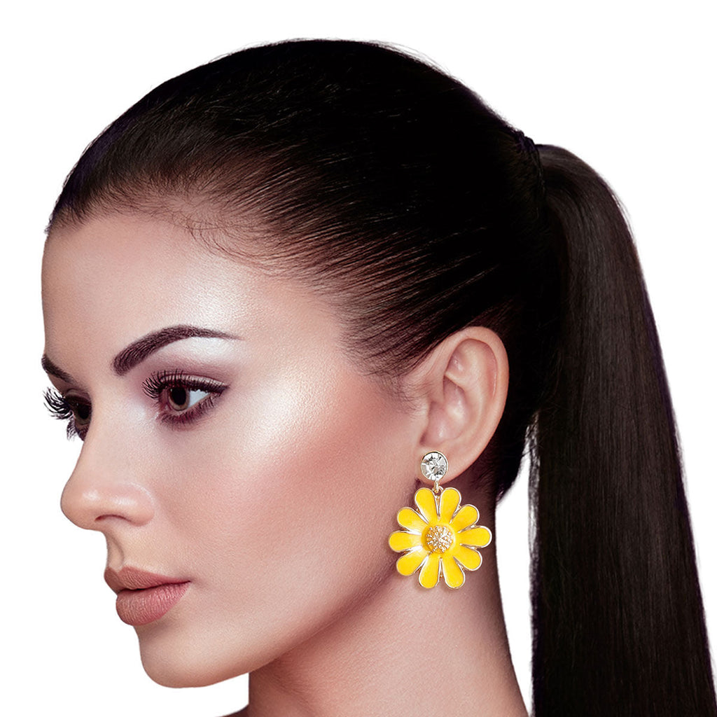 Statement Yellow Metal Daisy Earrings Stylish Fashion Jewelry Accessories