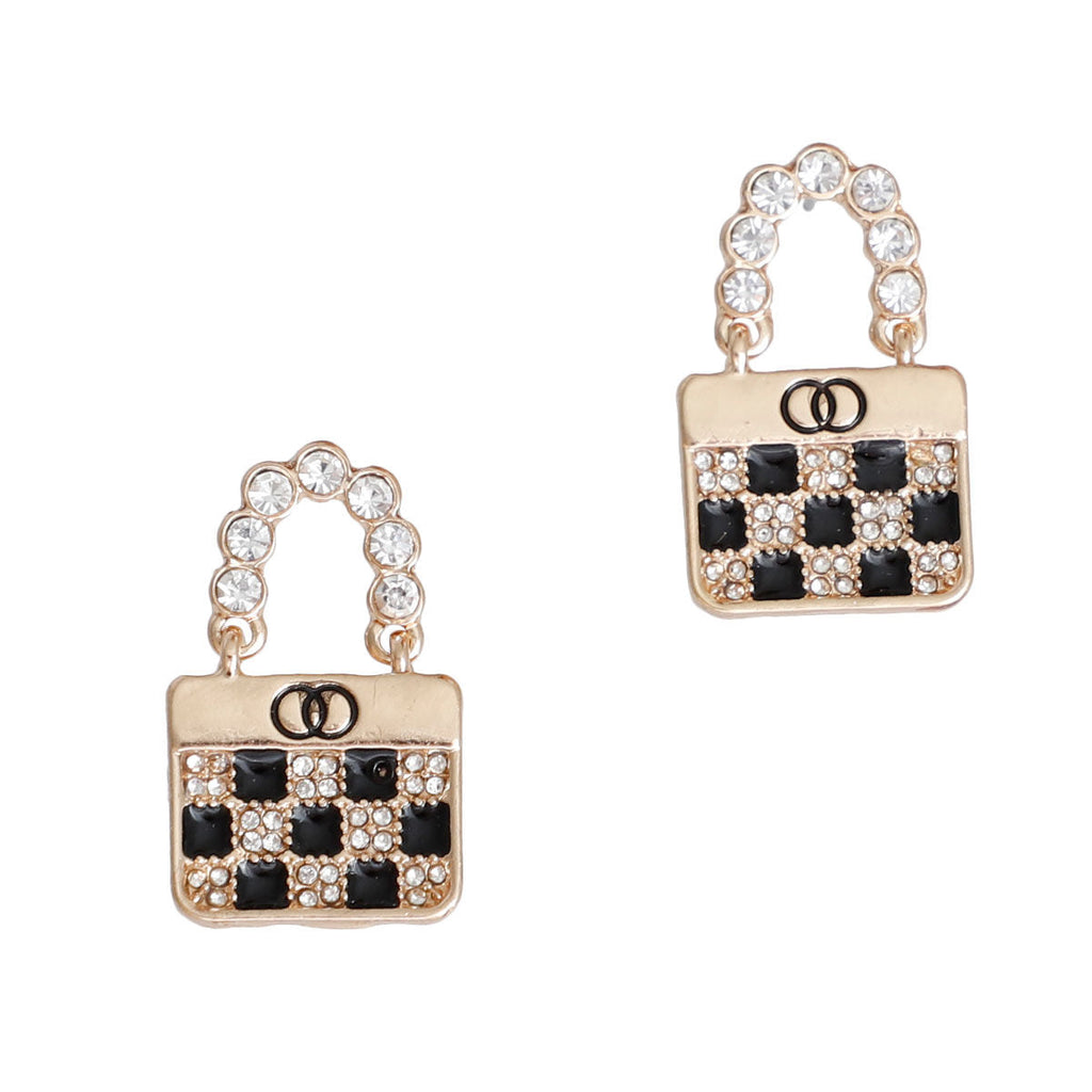 Statement Rhinestone Handle Checker Handbag Earrings Stylish Fashion Jewelry