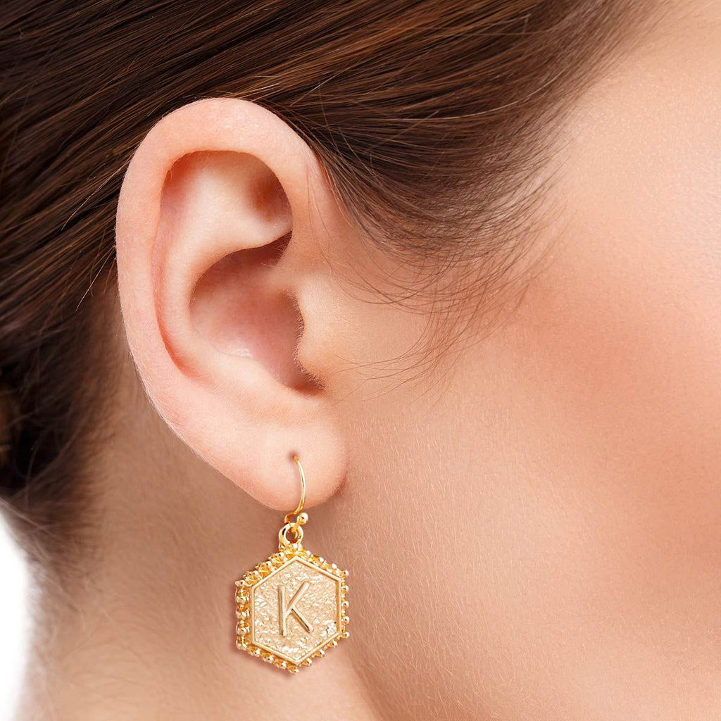 Initial K Hexagon Earrings Trendy Fashion Jewelry