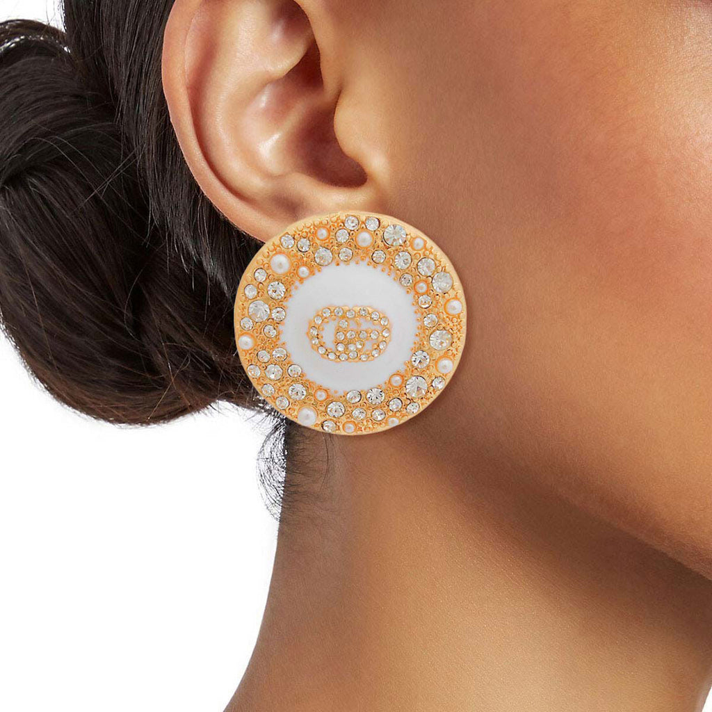 Dome Stud Earrings Gold White Pearl GG Rhinestone Stylish Statement Jewelry