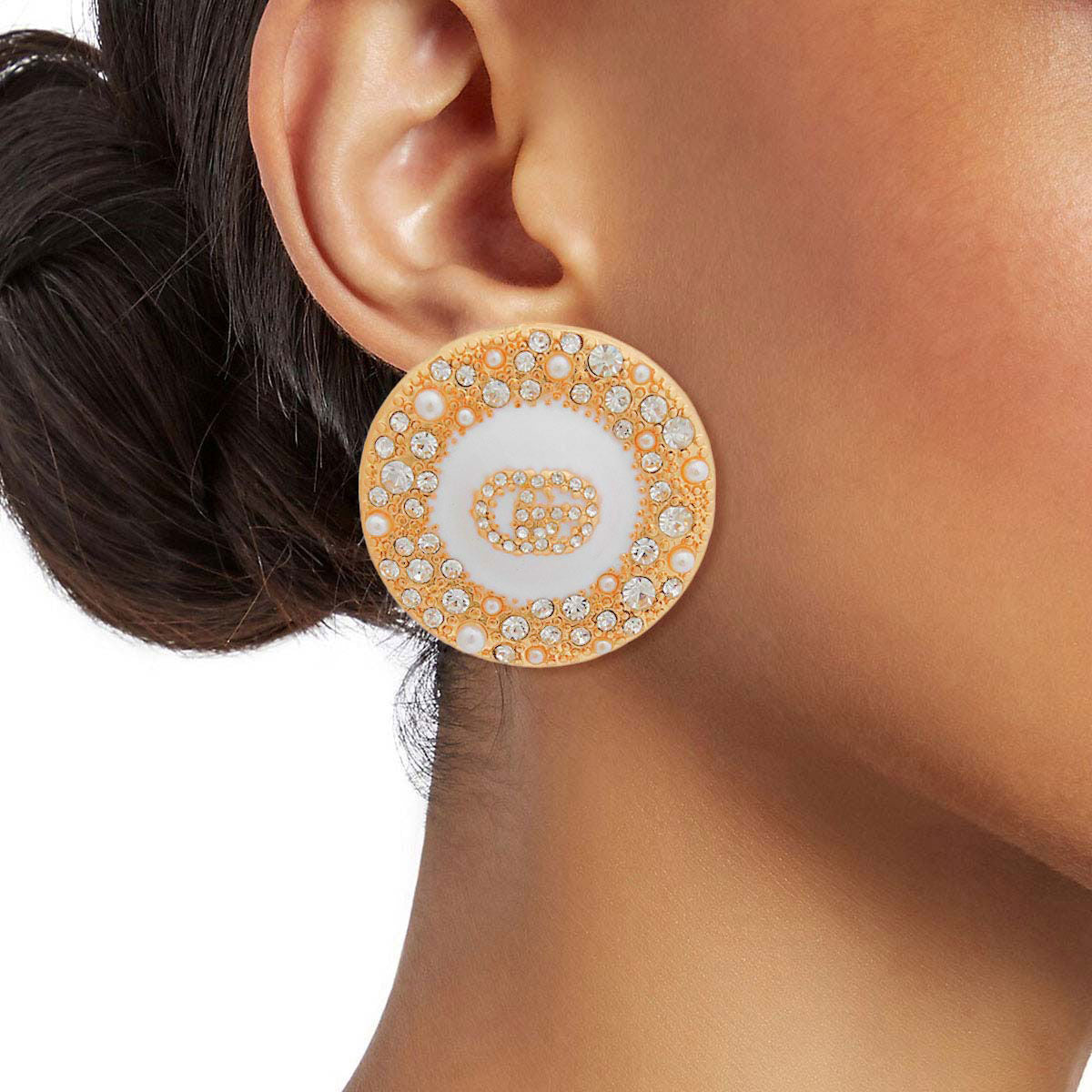 Dome Stud Earrings Gold White Pearl GG Rhinestone Stylish Statement Jewelry