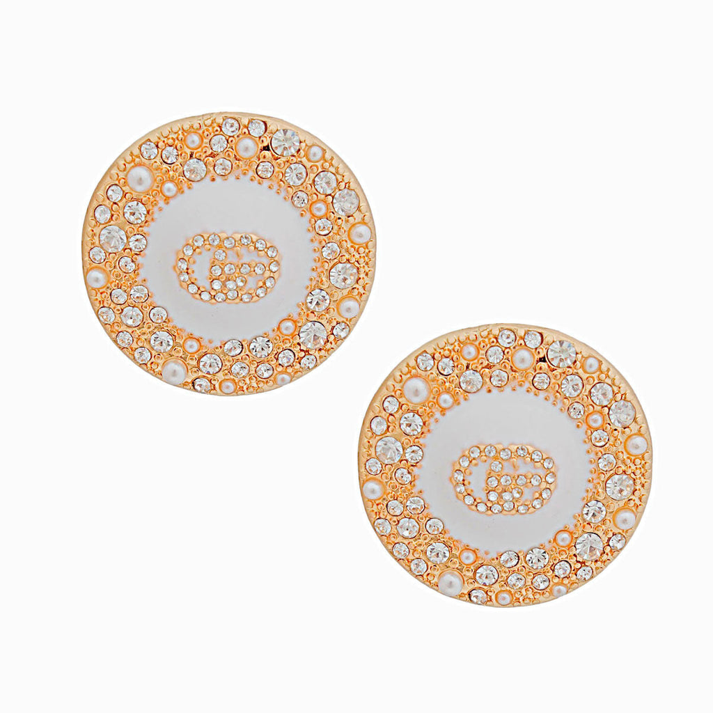 Dome Stud Earrings Gold White Pearl GG Rhinestone Stylish Statement Jewelry