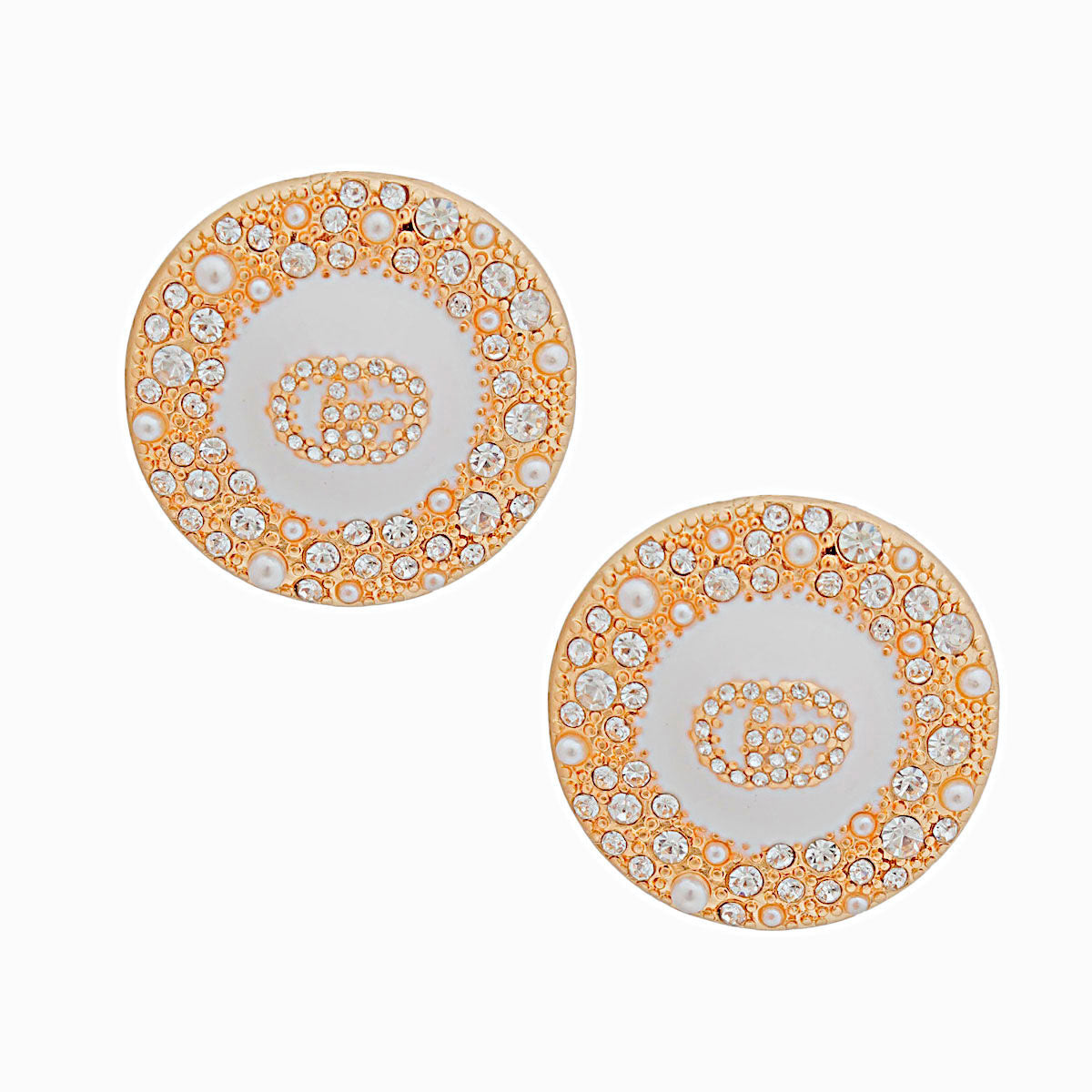 Dome Stud Earrings Gold White Pearl GG Rhinestone Stylish Statement Jewelry