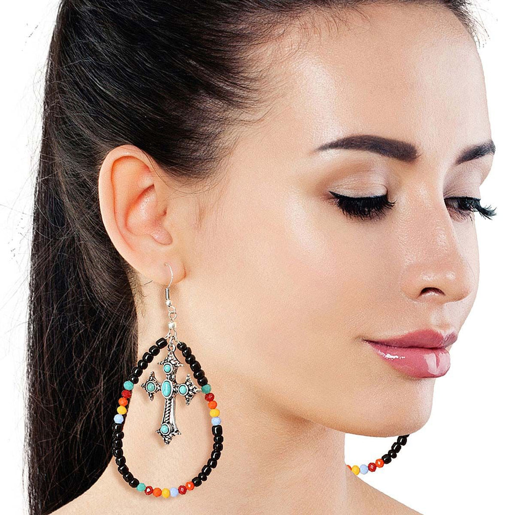 Teardrop Cross Earrings Black Bead Stylish Statement Jewelry