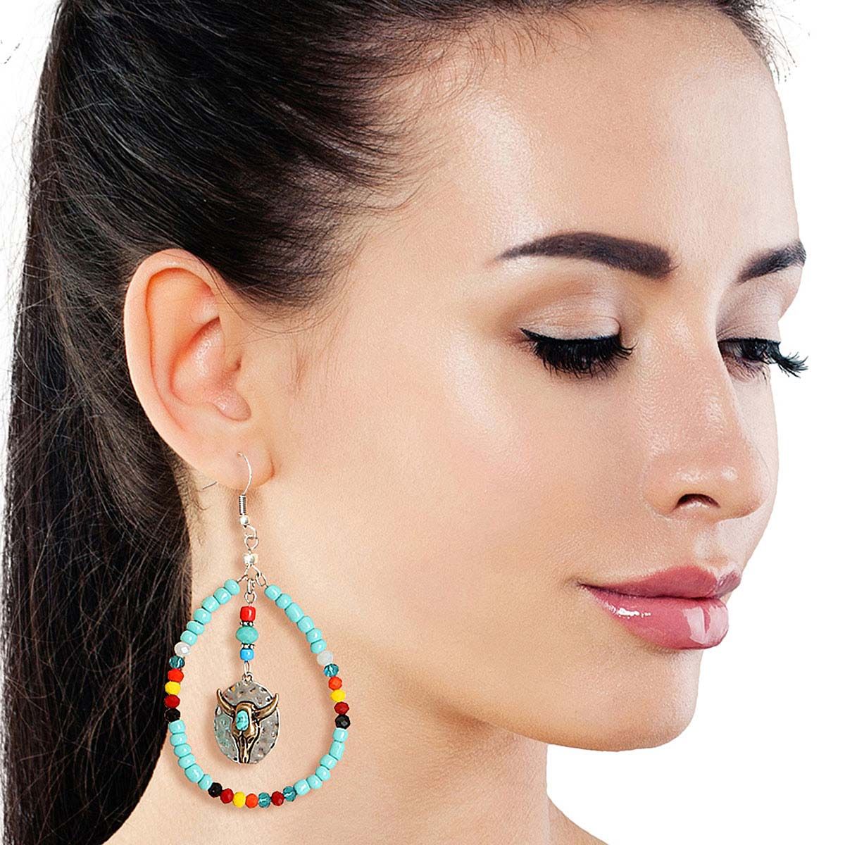 Statement Longhorn Earrings with Turquoise Bead Teardrop Design