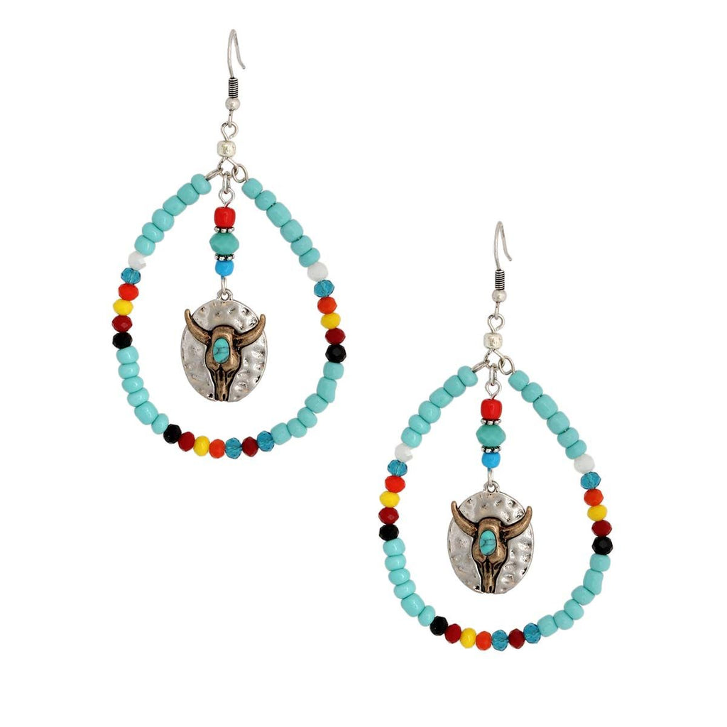Statement Longhorn Earrings with Turquoise Bead Teardrop Design
