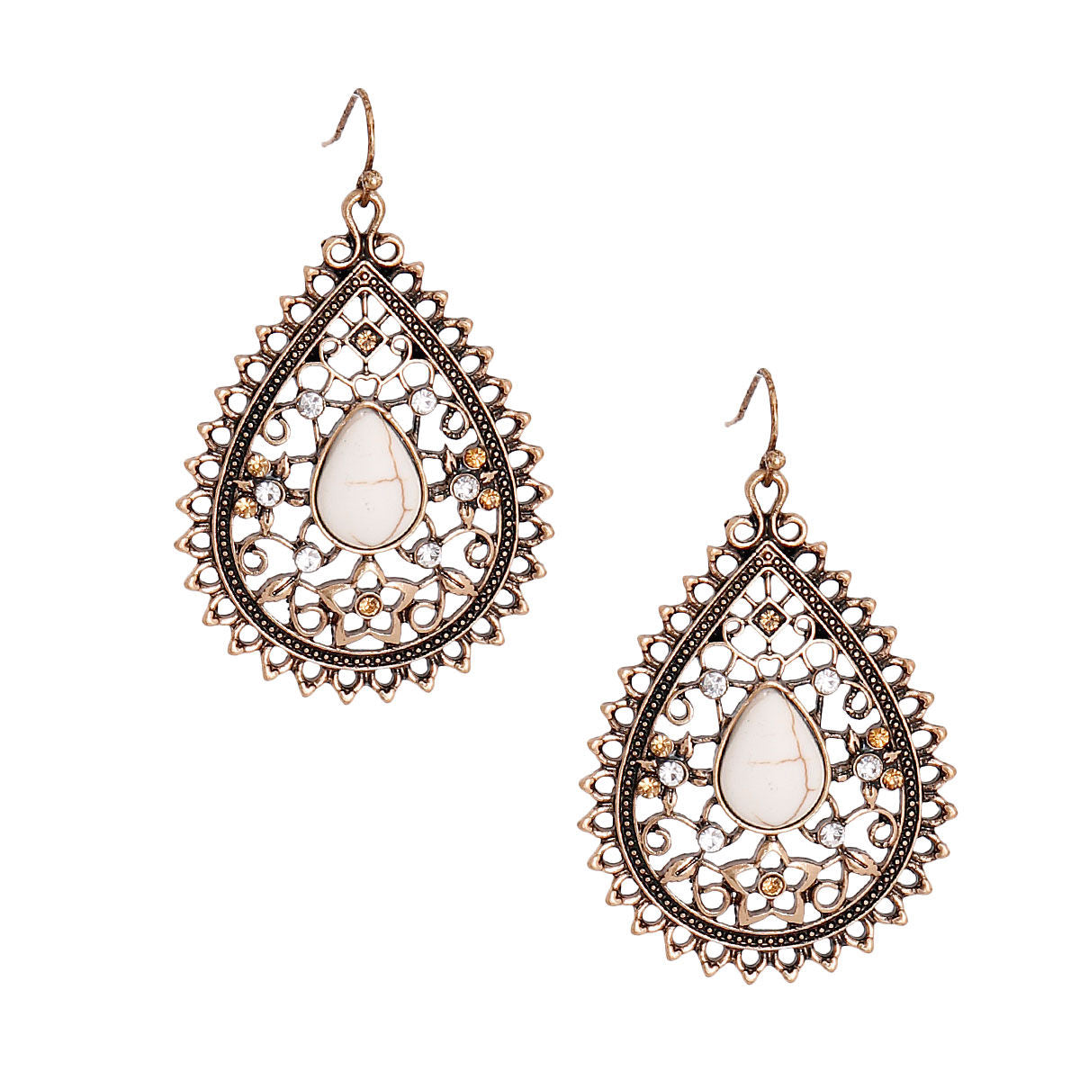 Statement Burnished Filigree Cracked Stone Earrings Stylish Chic Jewelry