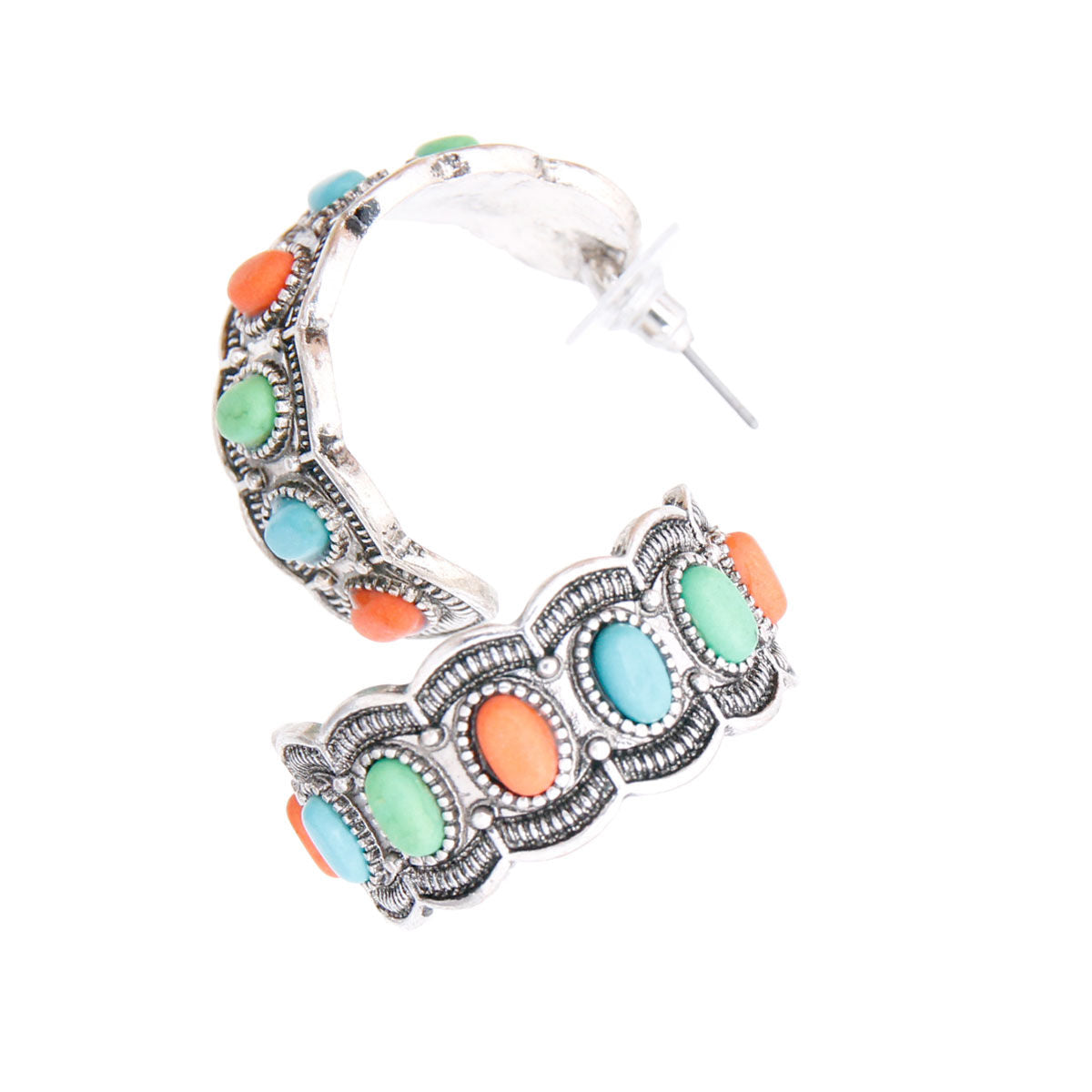 Silver Multi Color Engraved Hoop Earrings – Trendy Statement Jewelry