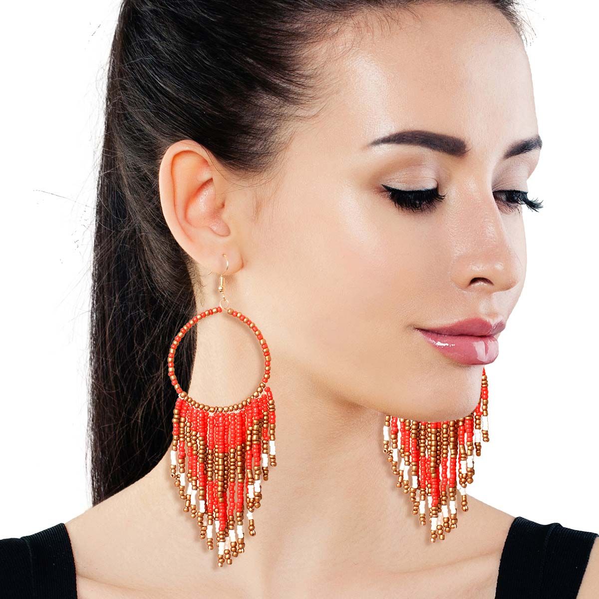 Statement Circle Earrings with Red and Gold Bead Fringe, Trendy Fashion Jewelry
