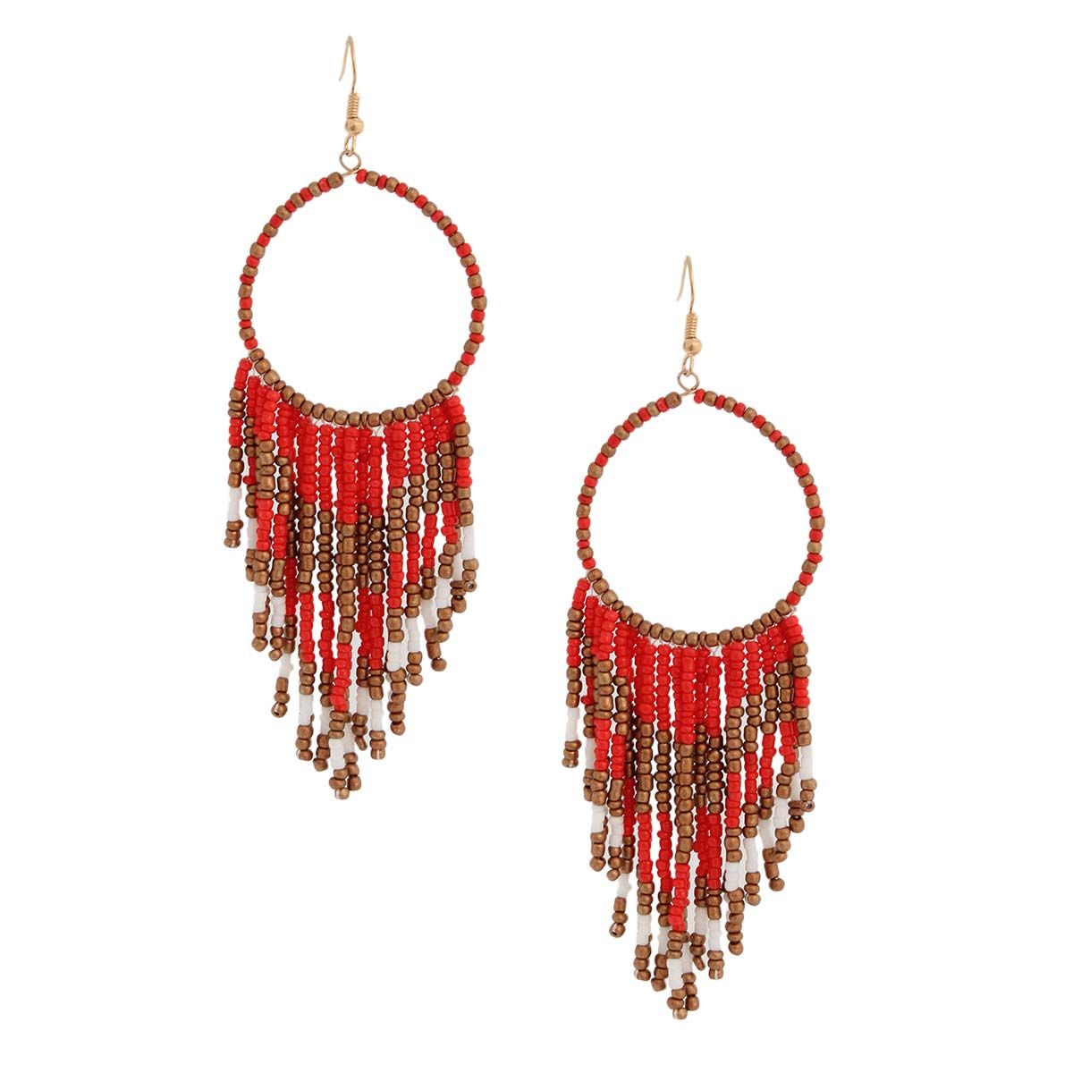Statement Circle Earrings with Red and Gold Bead Fringe, Trendy Fashion Jewelry