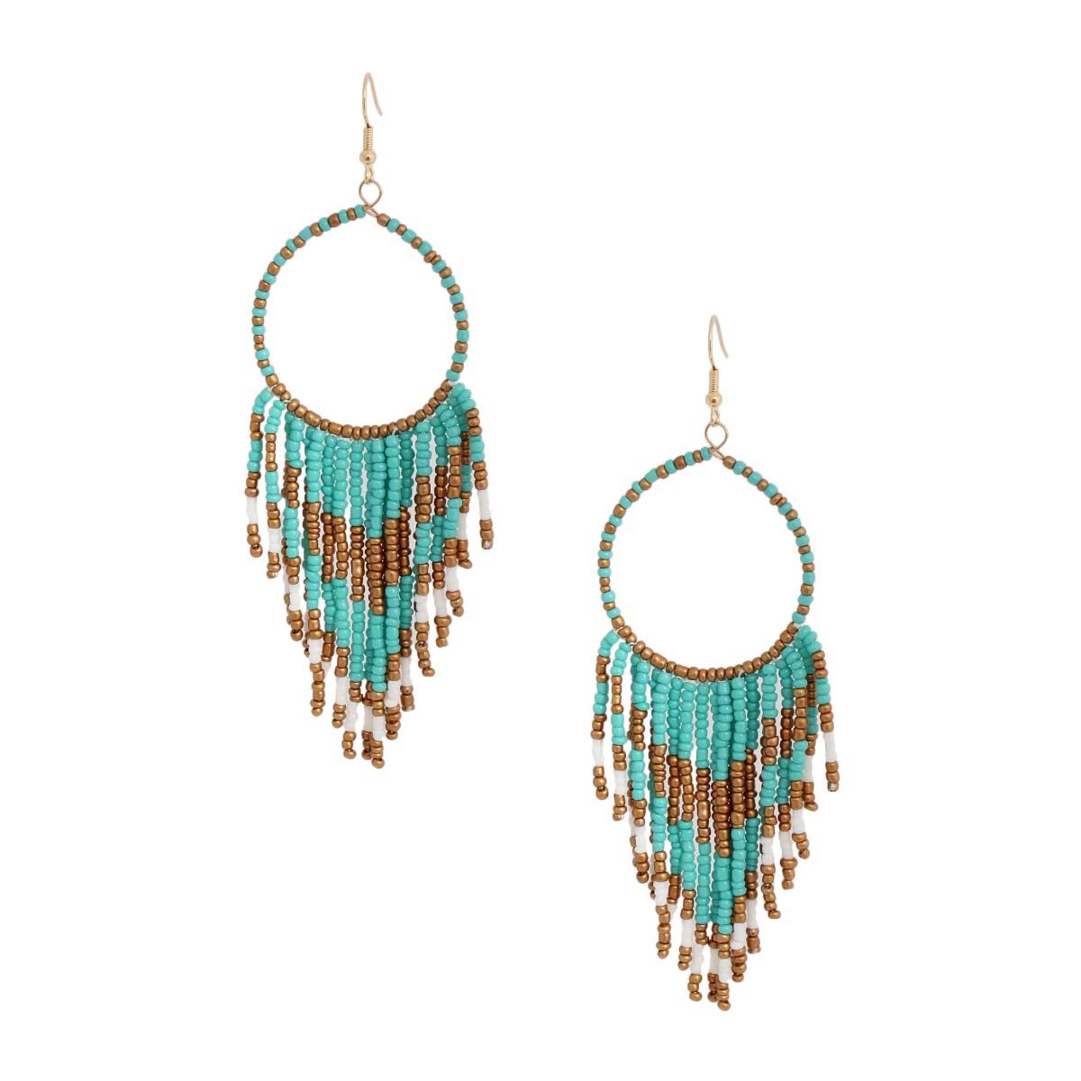 Statement Circle Earrings with Turquoise and Gold Bead Fringe, Trendy Chic Jewelry