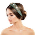 Fashion Headband Vegan Leather Green Crystal Statement Accessory