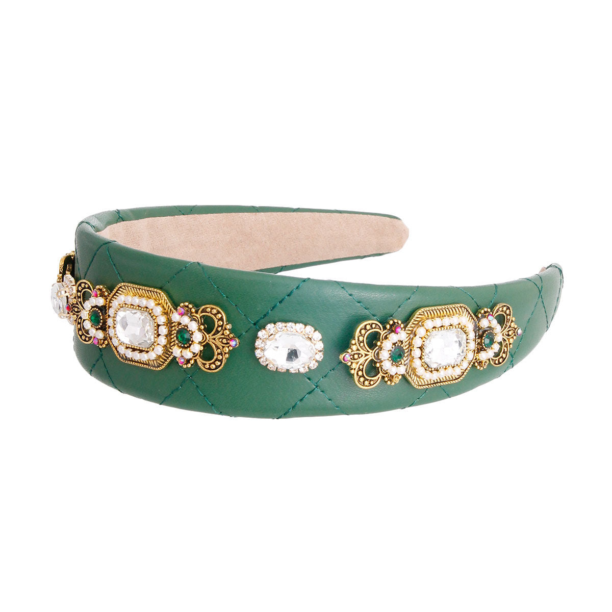 Fashion Headband Vegan Leather Green Crystal Statement Accessory