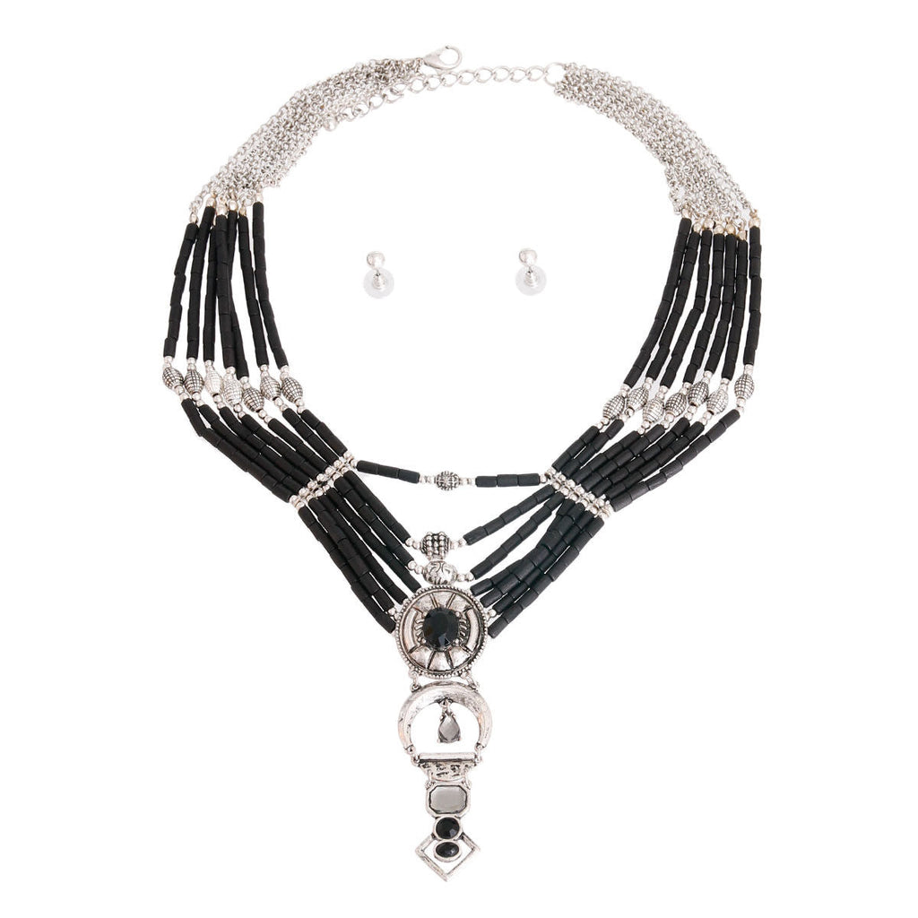 Layered Statement Necklace with Black Beads and Silver Accents