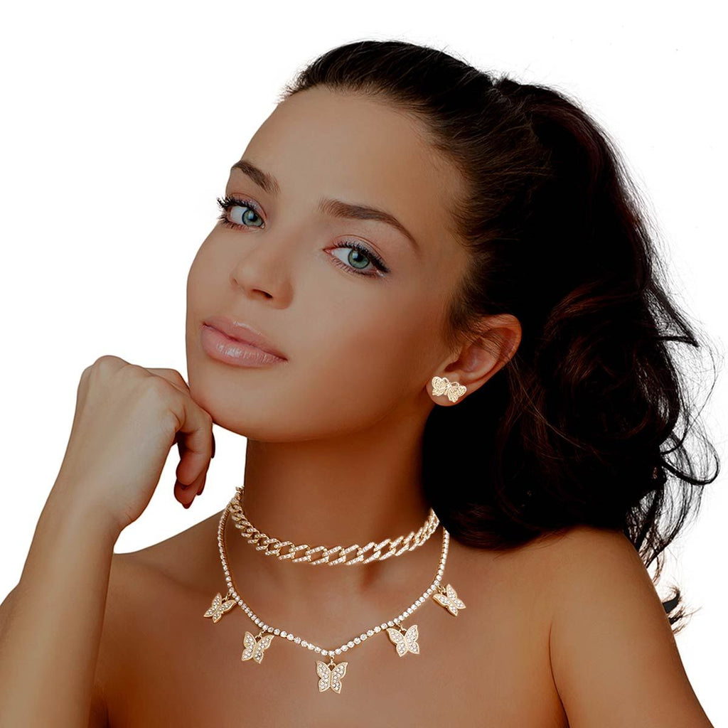Butterfly Charm Chain Set 2Pc with Gold Rhinestone Accent, Stylish Jewelry Accessory