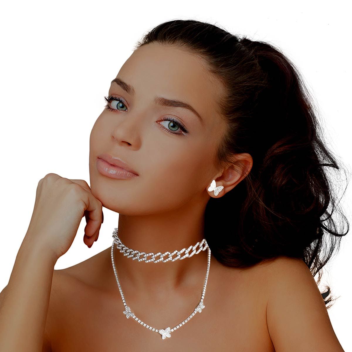 Butterfly Rhinestone Station Jewelry Set 2Pc Stylish Silver Accessories