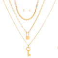 Layered Gold Lock and Key Necklace 3-Layer Stylish Statement Jewelry