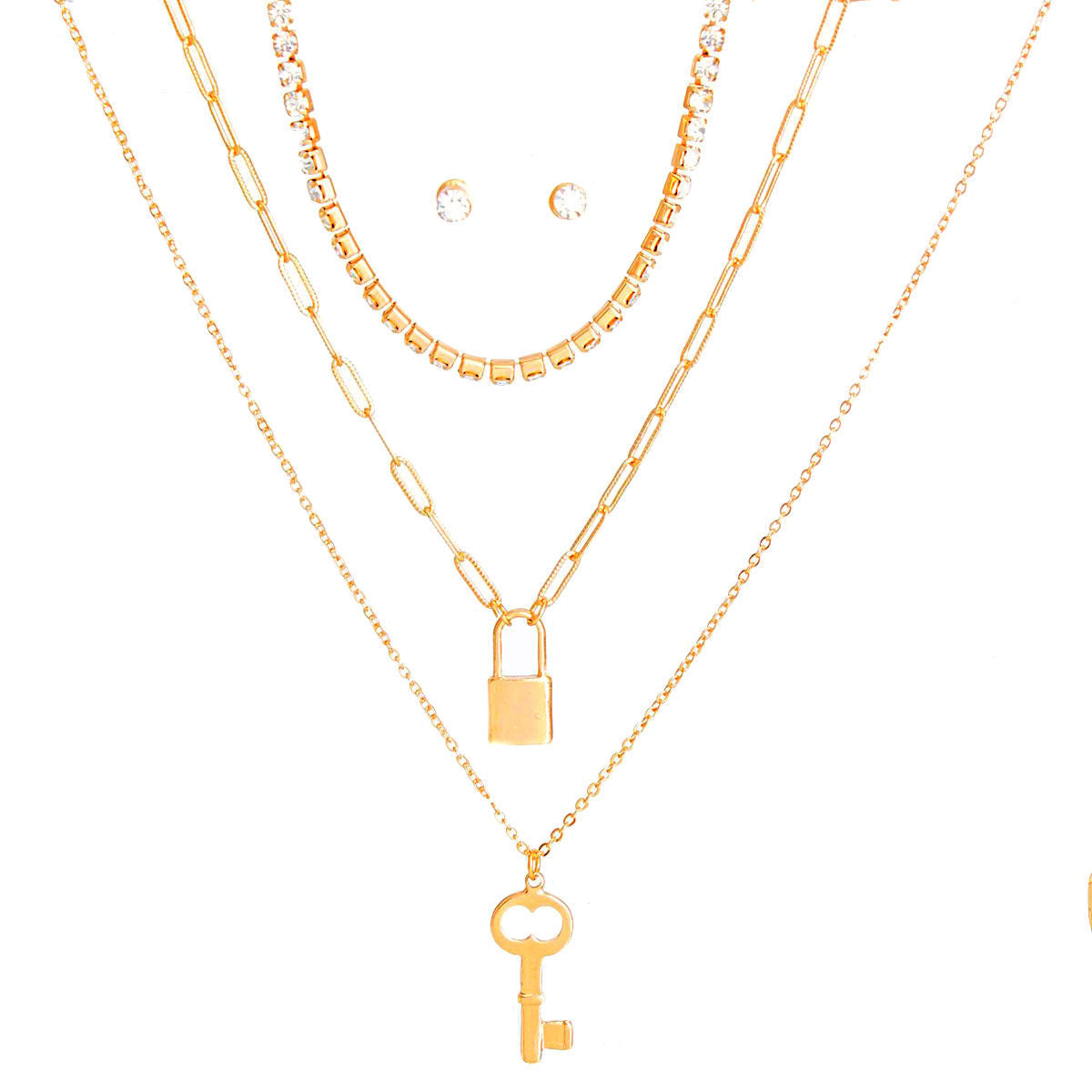 Layered Gold Lock and Key Necklace 3-Layer Stylish Statement Jewelry