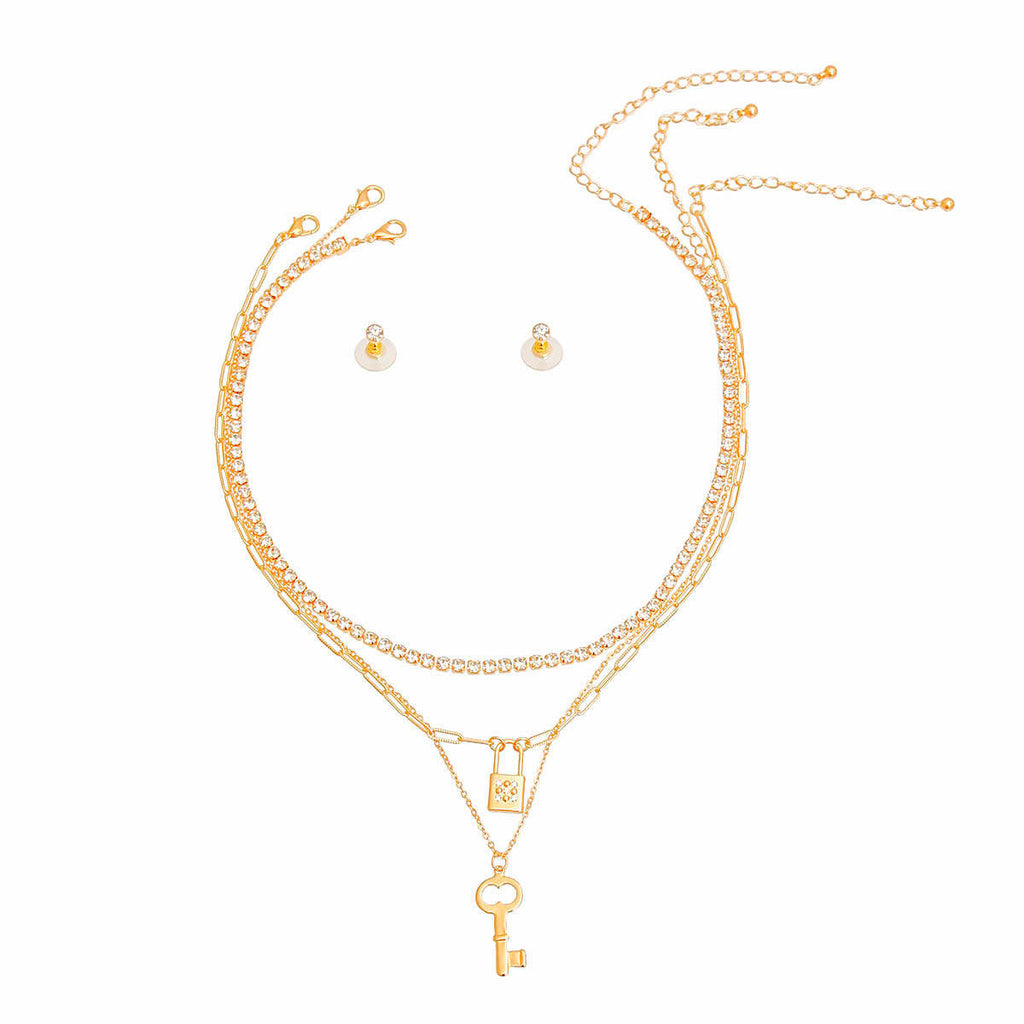 Layered Gold Lock and Key Necklace 3-Layer Stylish Statement Jewelry