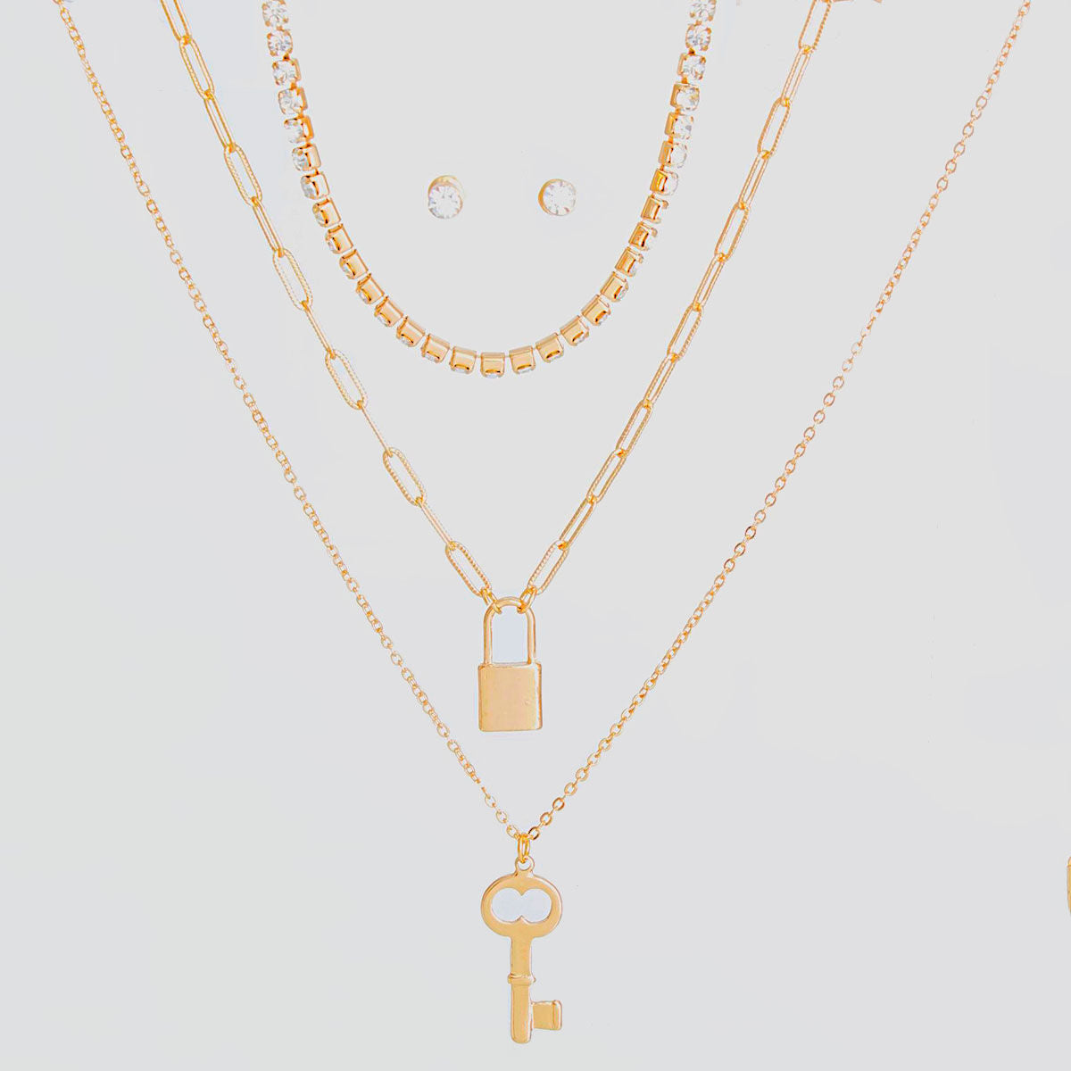 Layered Gold Lock and Key Necklace 3-Layer Stylish Statement Jewelry
