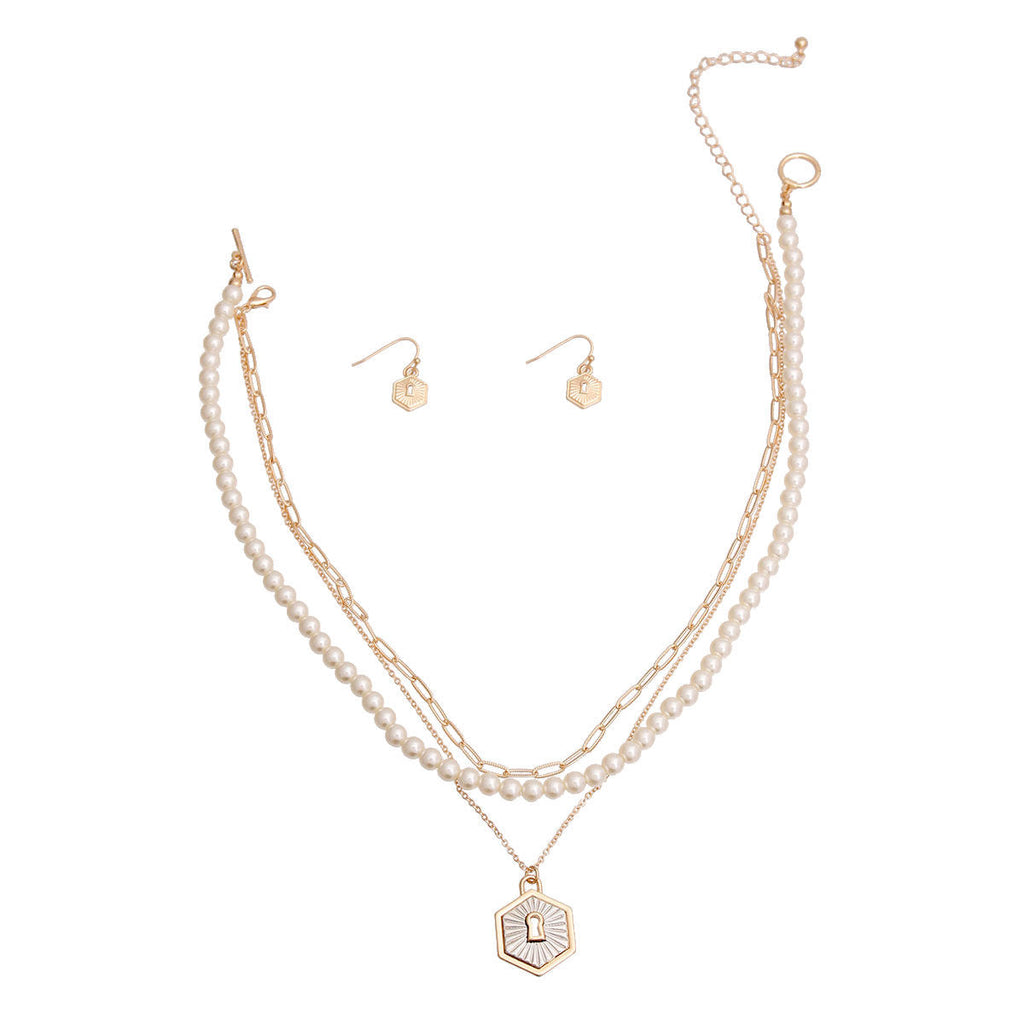 Layered Gold 3-Layer Pearl Lock Necklace – Stylish Statement Jewelry