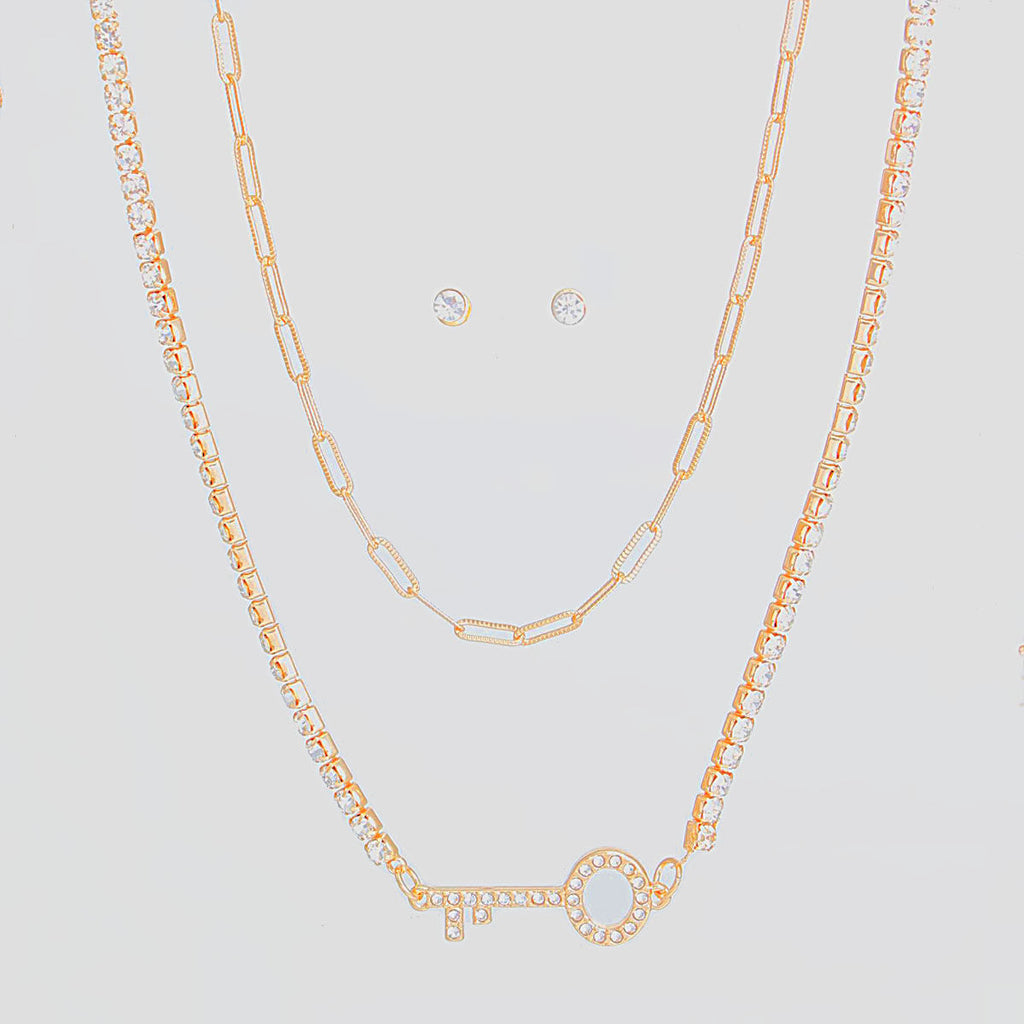 Layered Gold Key Necklace Set 2 Layer Stylish Statement Jewelry
