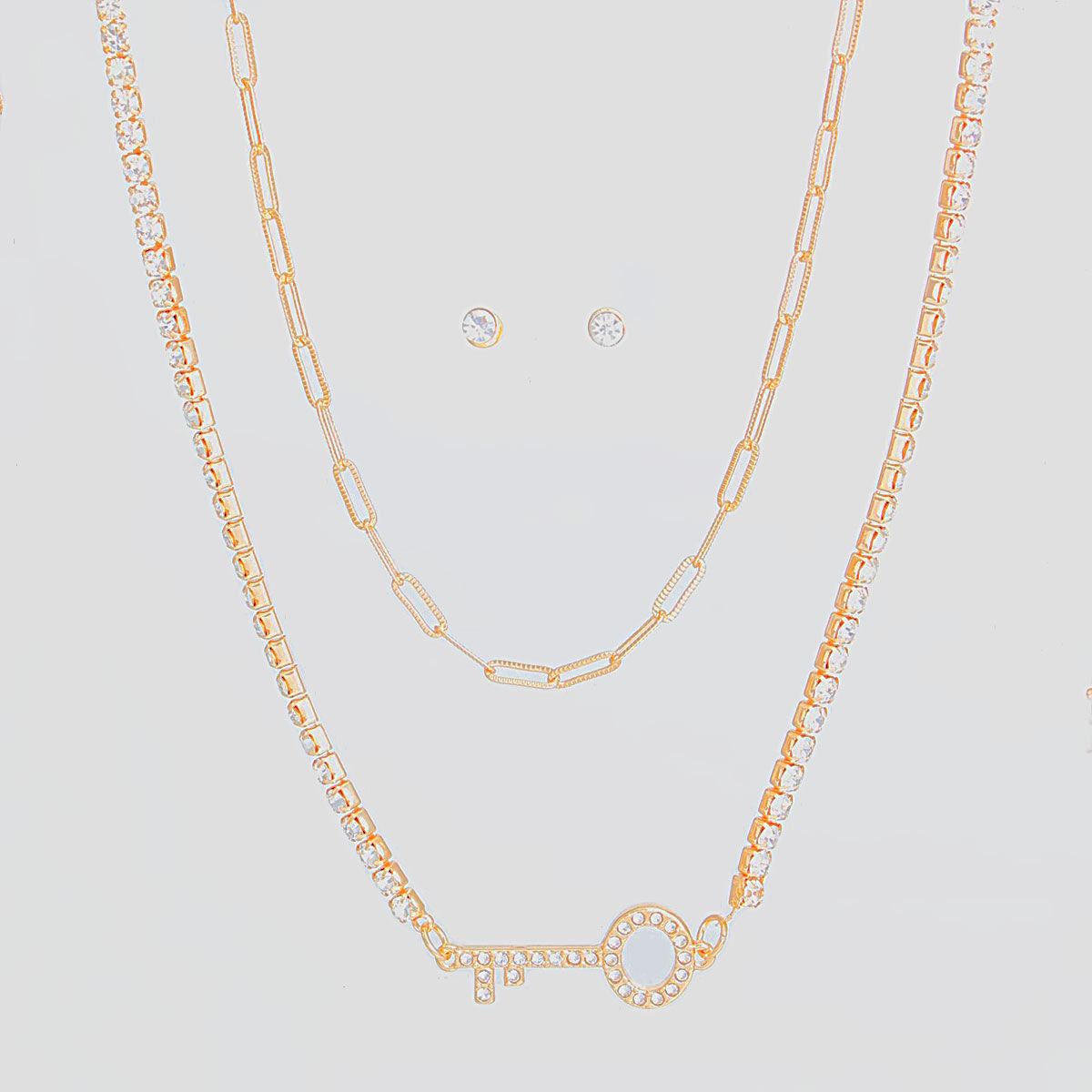 Layered Gold Key Necklace Set 2 Layer Stylish Statement Jewelry