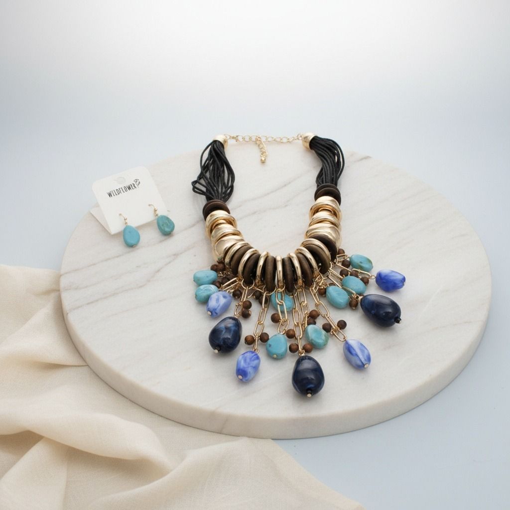 Leather Statement Necklace with Beaded Blue Stone Global Artisan Design
