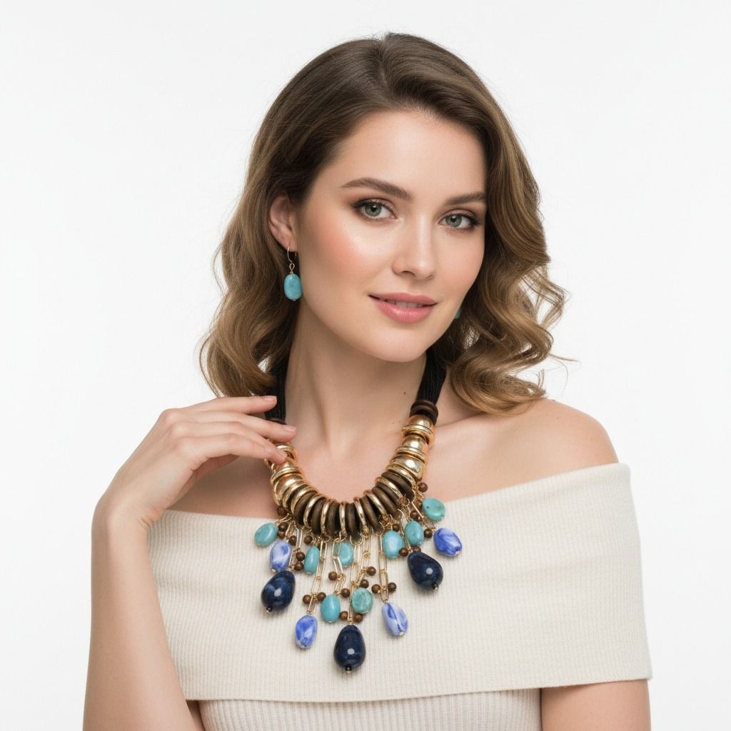 Leather Statement Necklace with Beaded Blue Stone – Trendy Artisan Jewelry