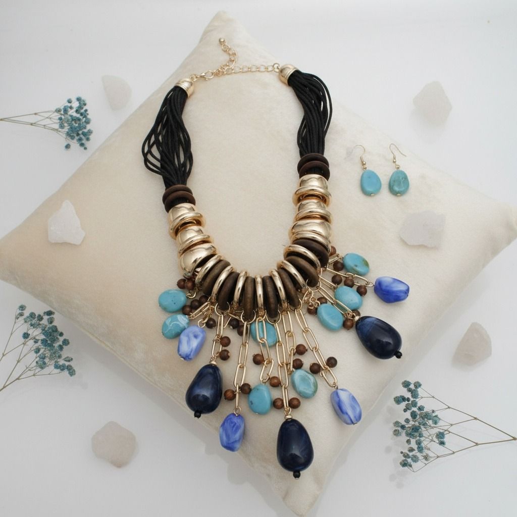 Leather Statement Necklace with Beaded Blue Stone – Trendy Artisan Jewelry