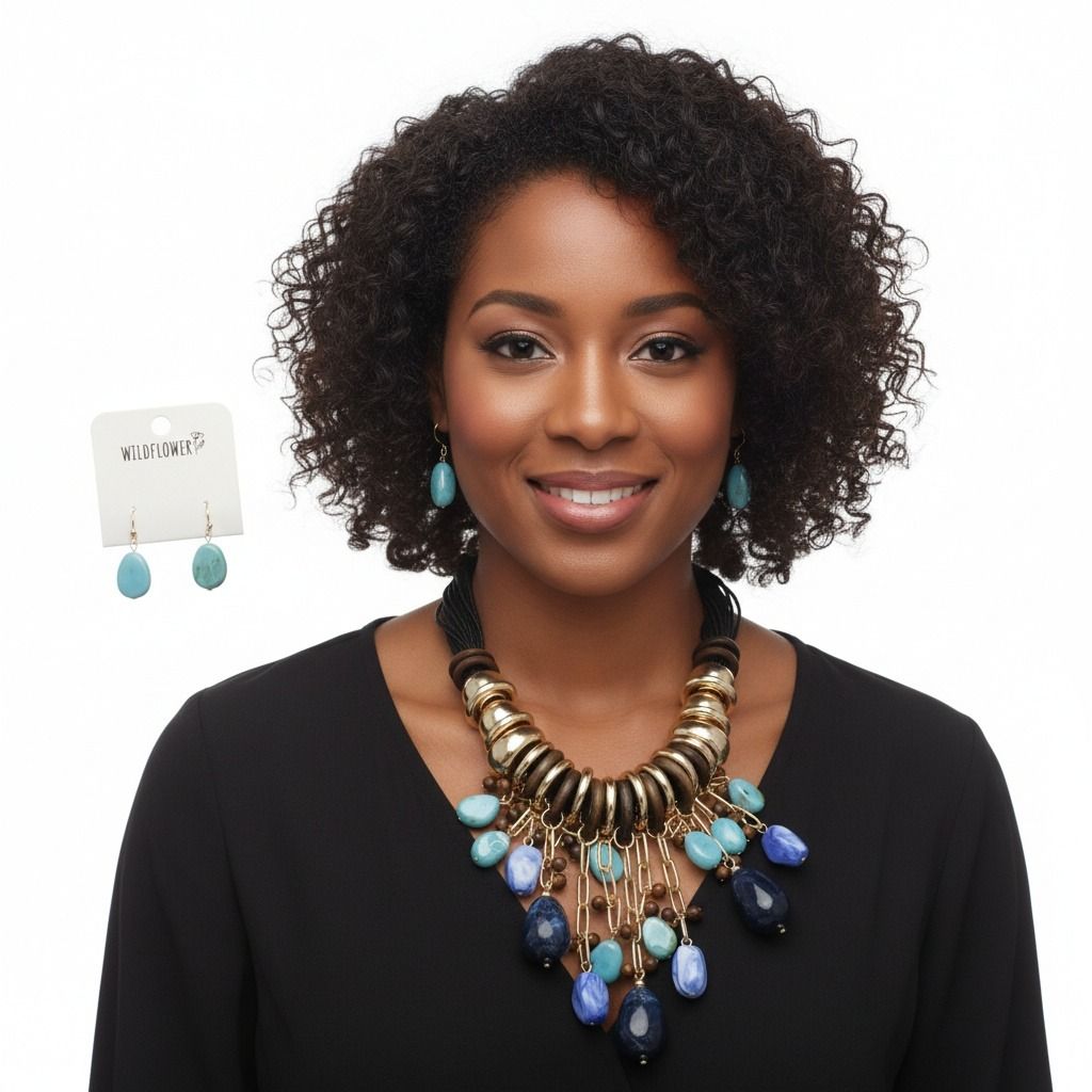 Leather Statement Necklace with Beaded Blue Stone Global Artisan Design
