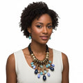 Leather Statement Necklace with Beaded Blue Stone – Trendy Artisan Jewelry