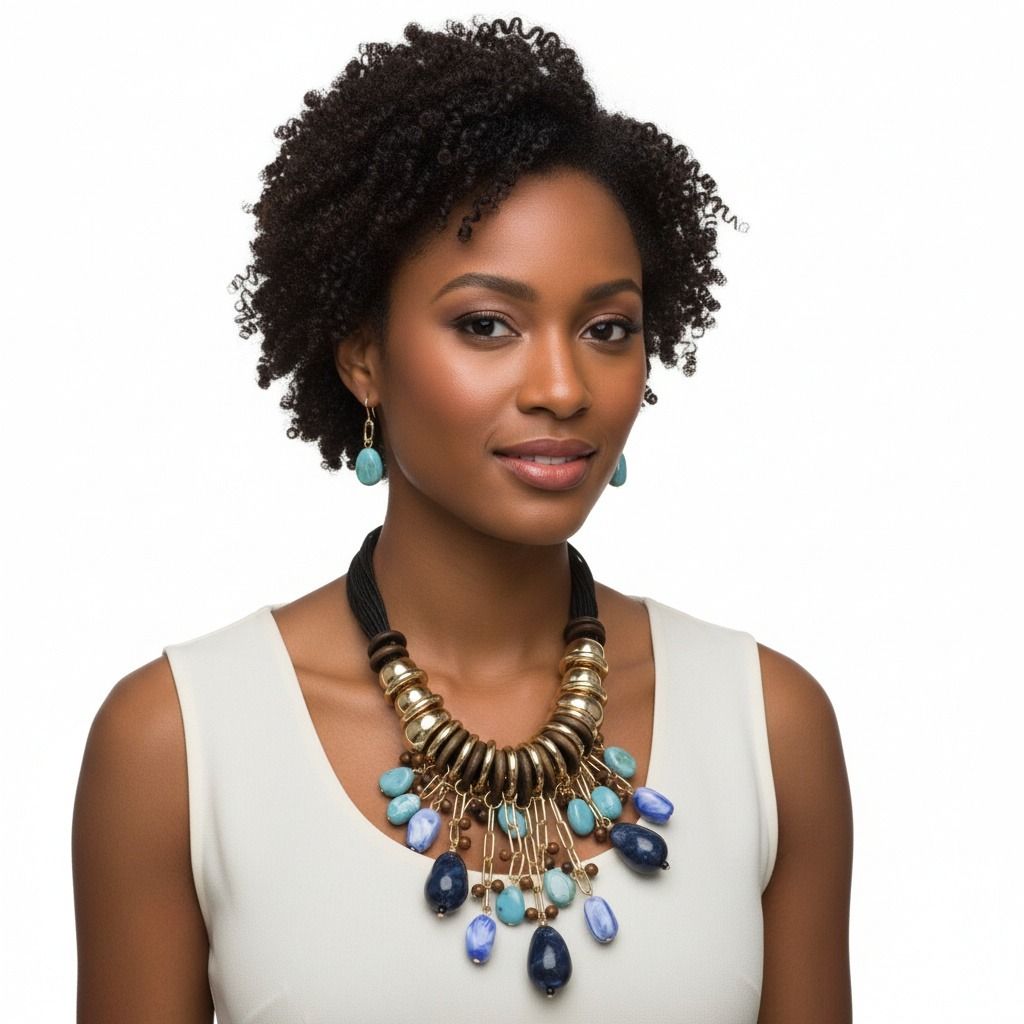 Leather Statement Necklace with Beaded Blue Stone – Trendy Artisan Jewelry