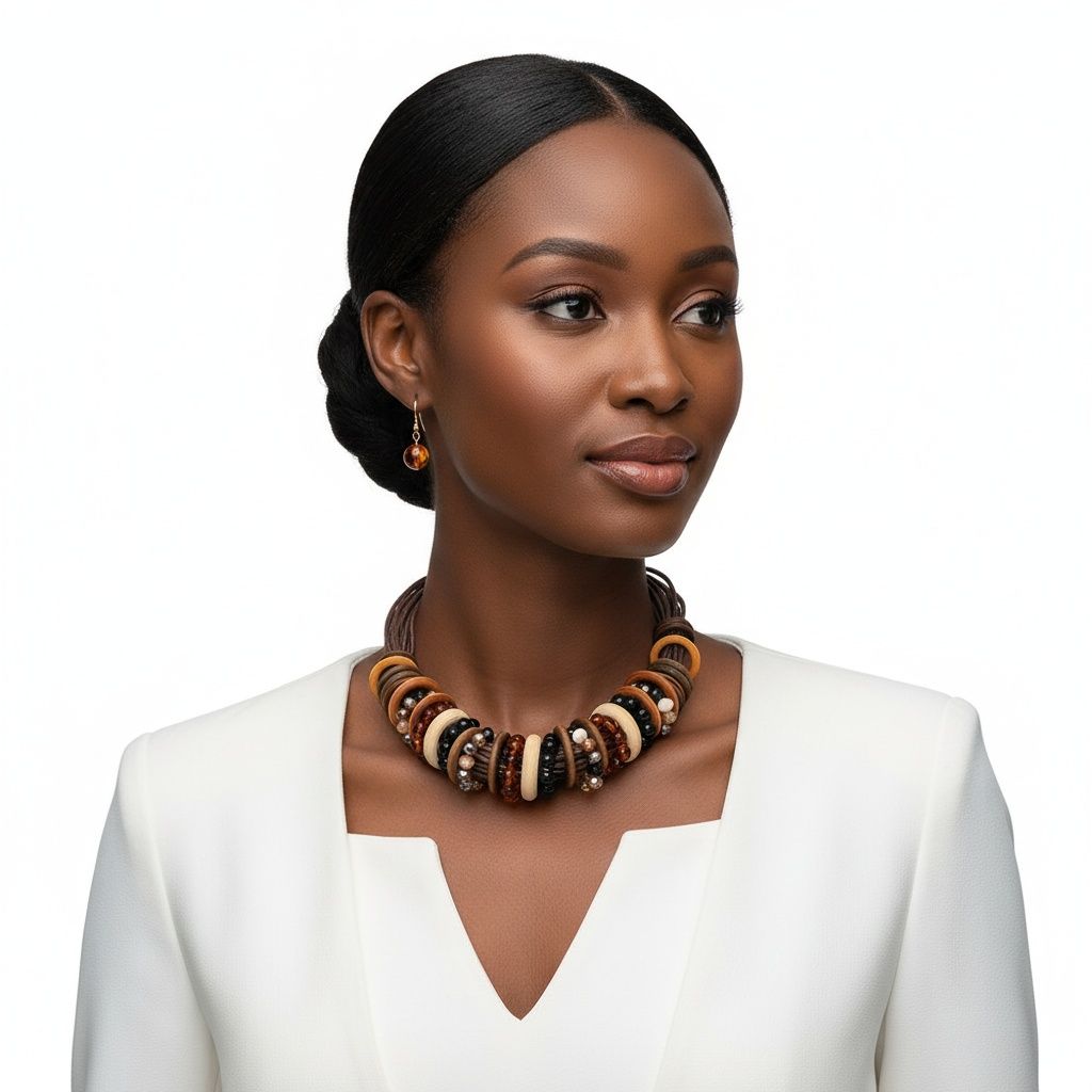 Leather Wood Disc Statement Necklace Earthy Artisan Trendy Accessory