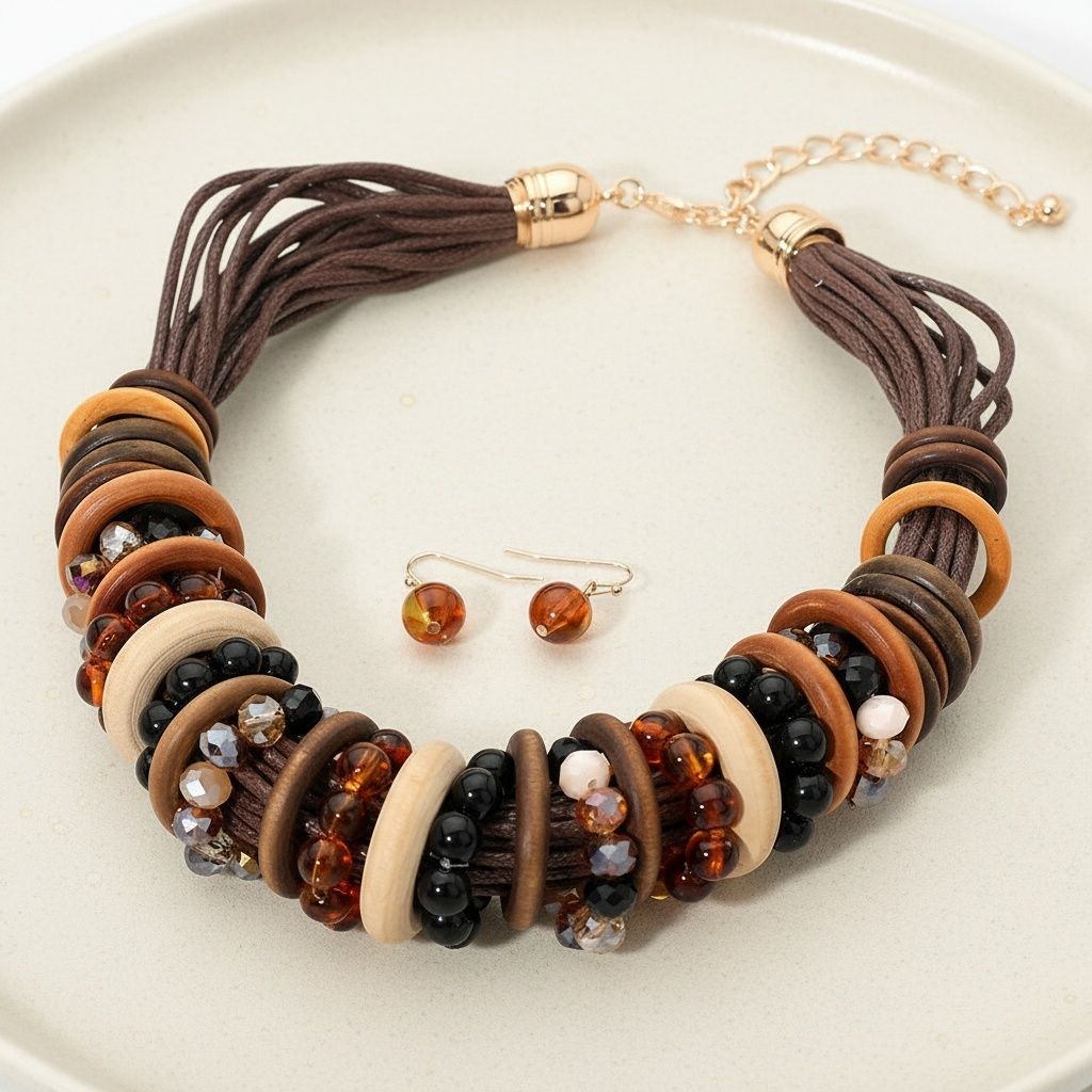 Leather Wood Disc Statement Necklace Earthy Artisan Trendy Accessory