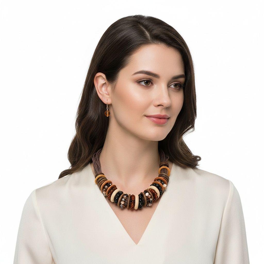 Leather Wood Disc Statement Necklace Earthy Artisan Trendy Accessory