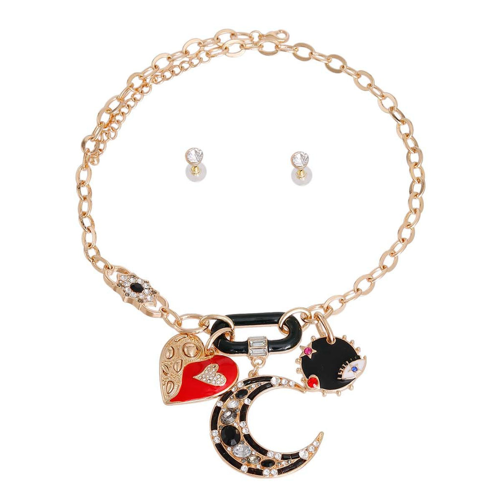 Charm Chain Necklace with Black Moon and Heart Pendants, Trendy Jewelry Accessory