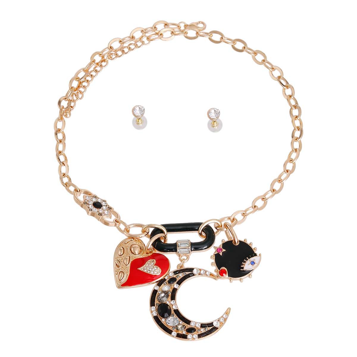 Charm Chain Necklace with Black Moon and Heart Pendants, Trendy Jewelry Accessory