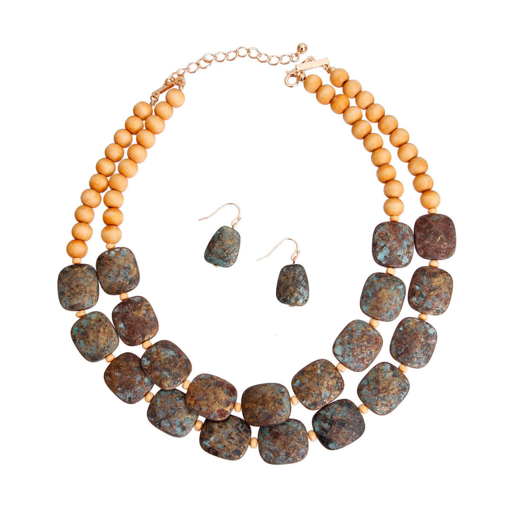 Statement Necklace Brown Wooden Beads Patina Trendy Chic Jewelry Accessory