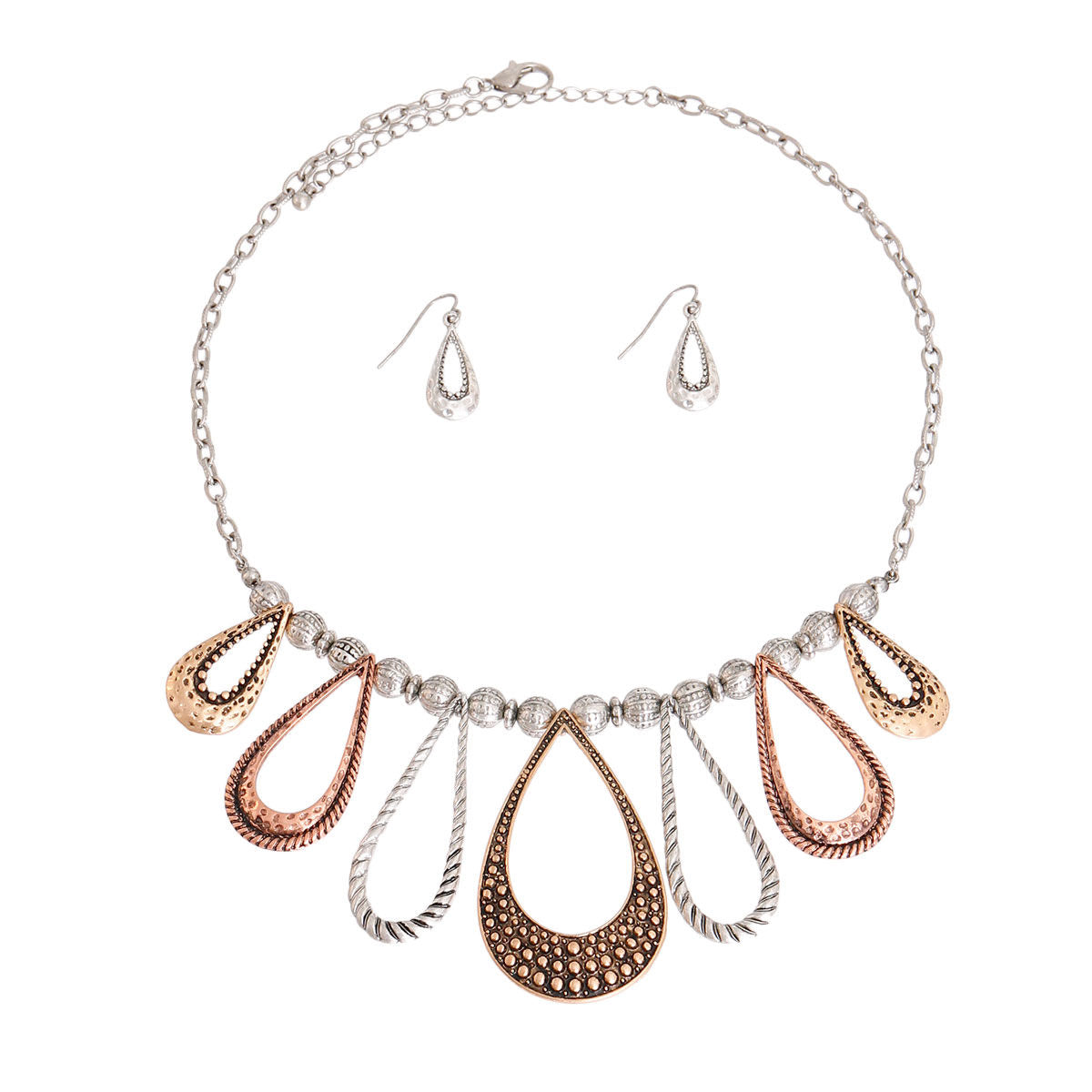 Statement Mixed Metal Burnished Teardrop Necklace Stylish Chic Jewelry Accessory
