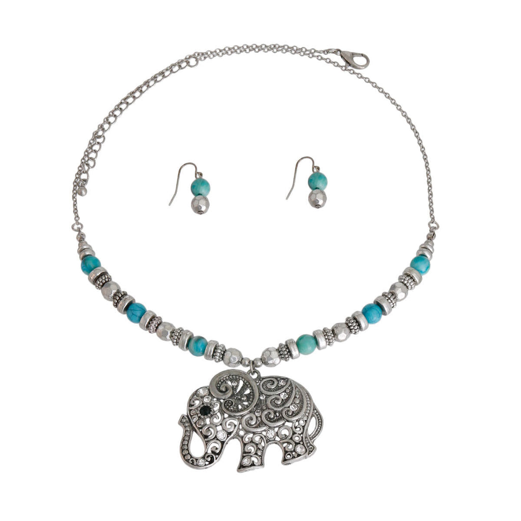 Elephant Necklace Burnished Silver Bead Stylish Statement Jewelry