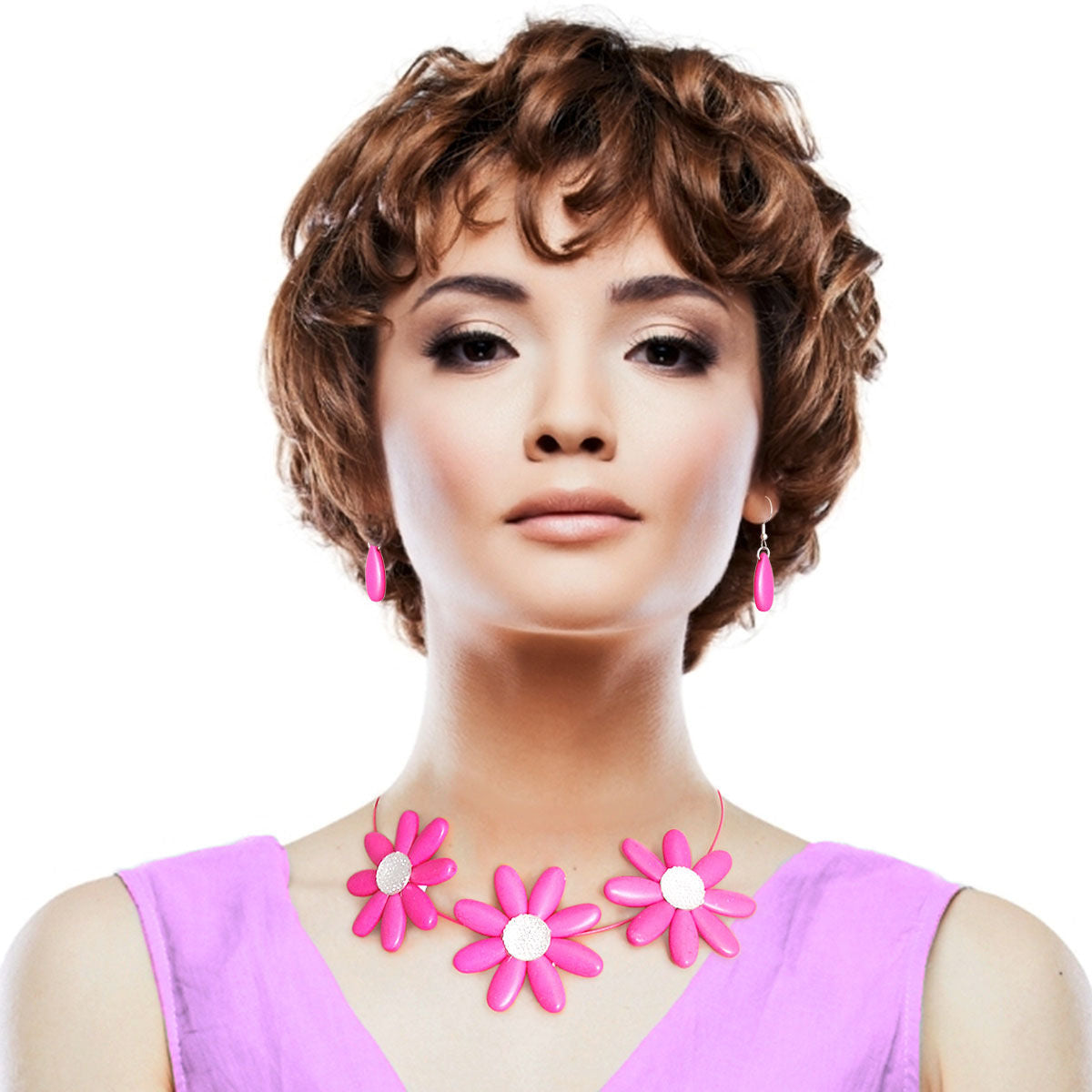 Statement Wire Collar Necklace with Fuchsia Triple Flower Design