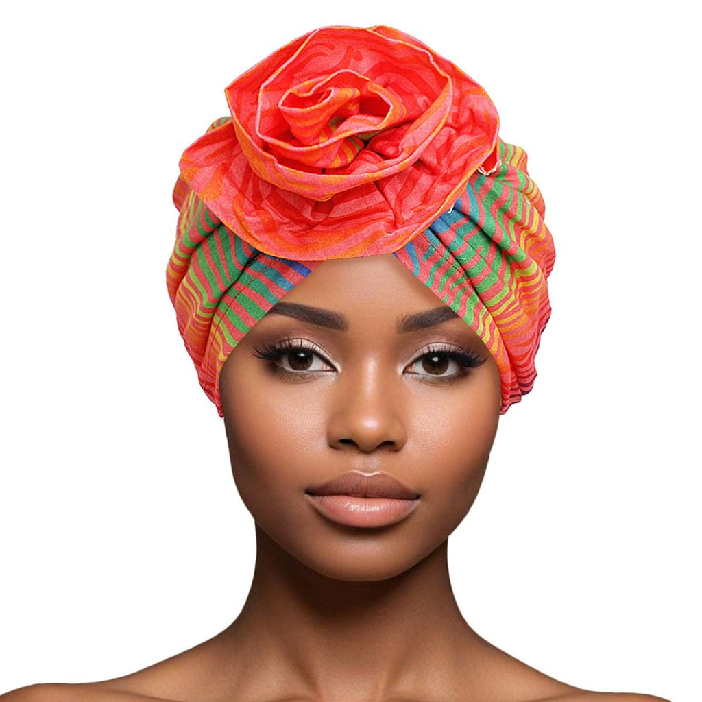 Women’s Pre-Tied Turban with Orange Ombre Zebra Flower – Stylish Headwear Accessory