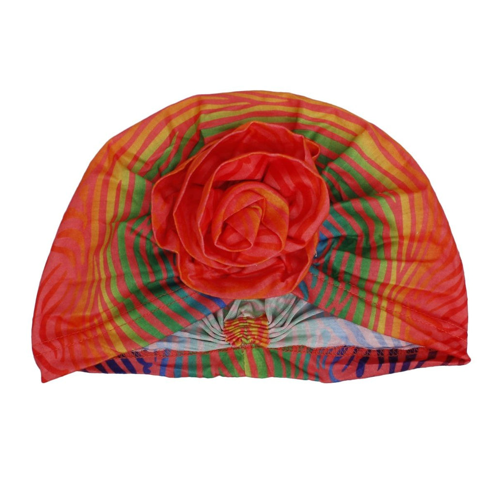 Women’s Pre-Tied Turban with Orange Ombre Zebra Flower – Stylish Headwear Accessory