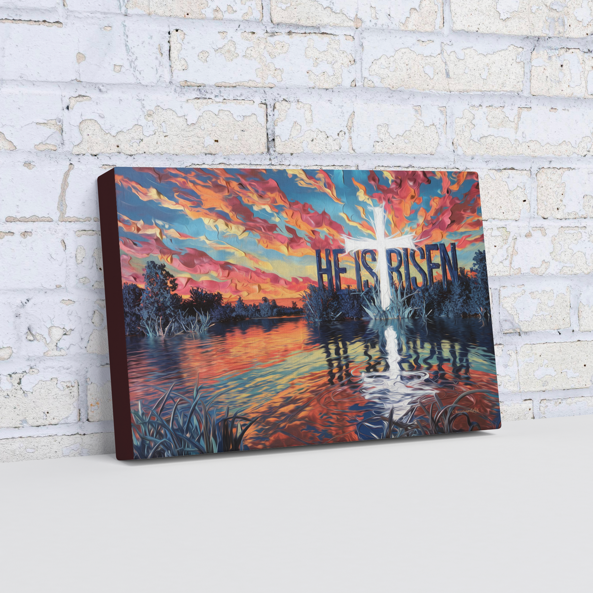 "He Is Risen" - Serene Lake Sunrise Scene with Cross Christian Gallery-Wrapped Canvas
