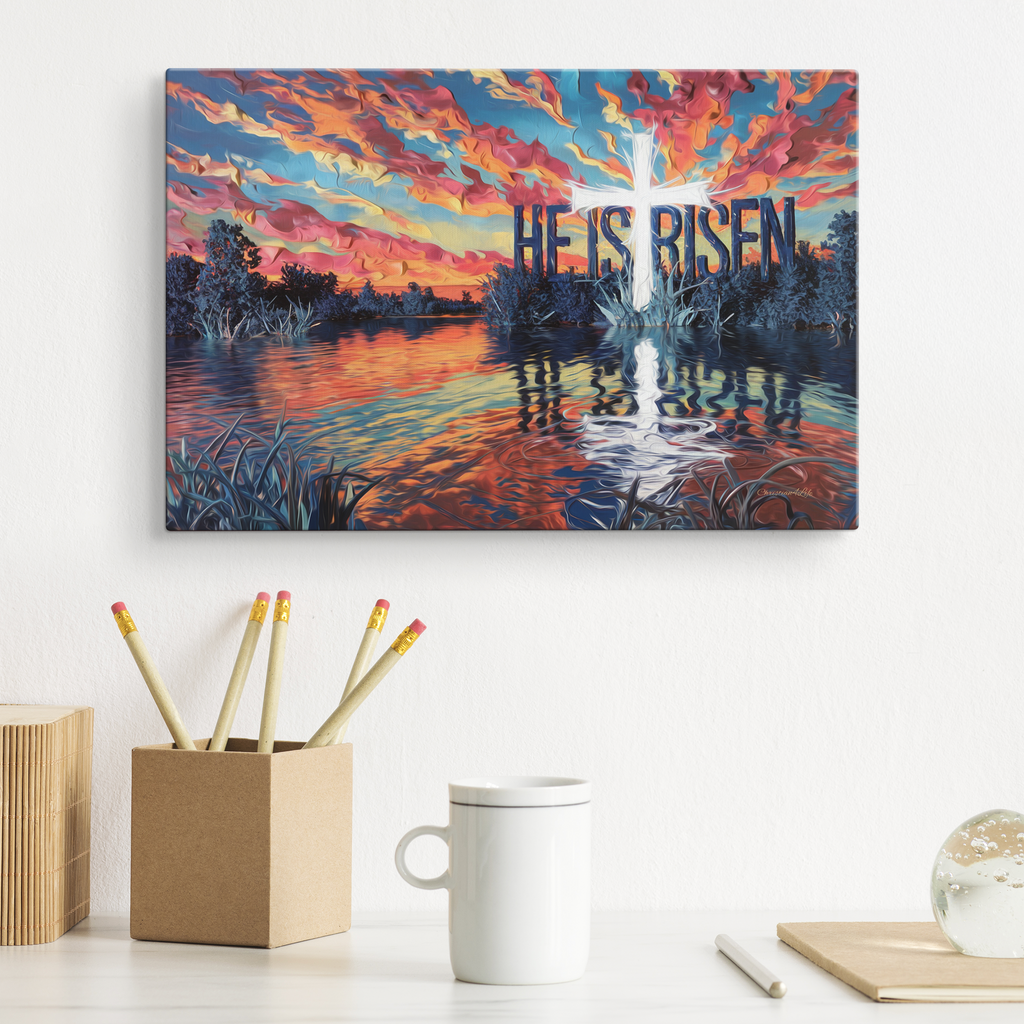 "He Is Risen" - Serene Lake Sunrise Scene with Cross Christian Gallery-Wrapped Canvas