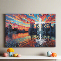 "He Is Risen" - Serene Lake Sunrise Scene with Cross Christian Gallery-Wrapped Canvas