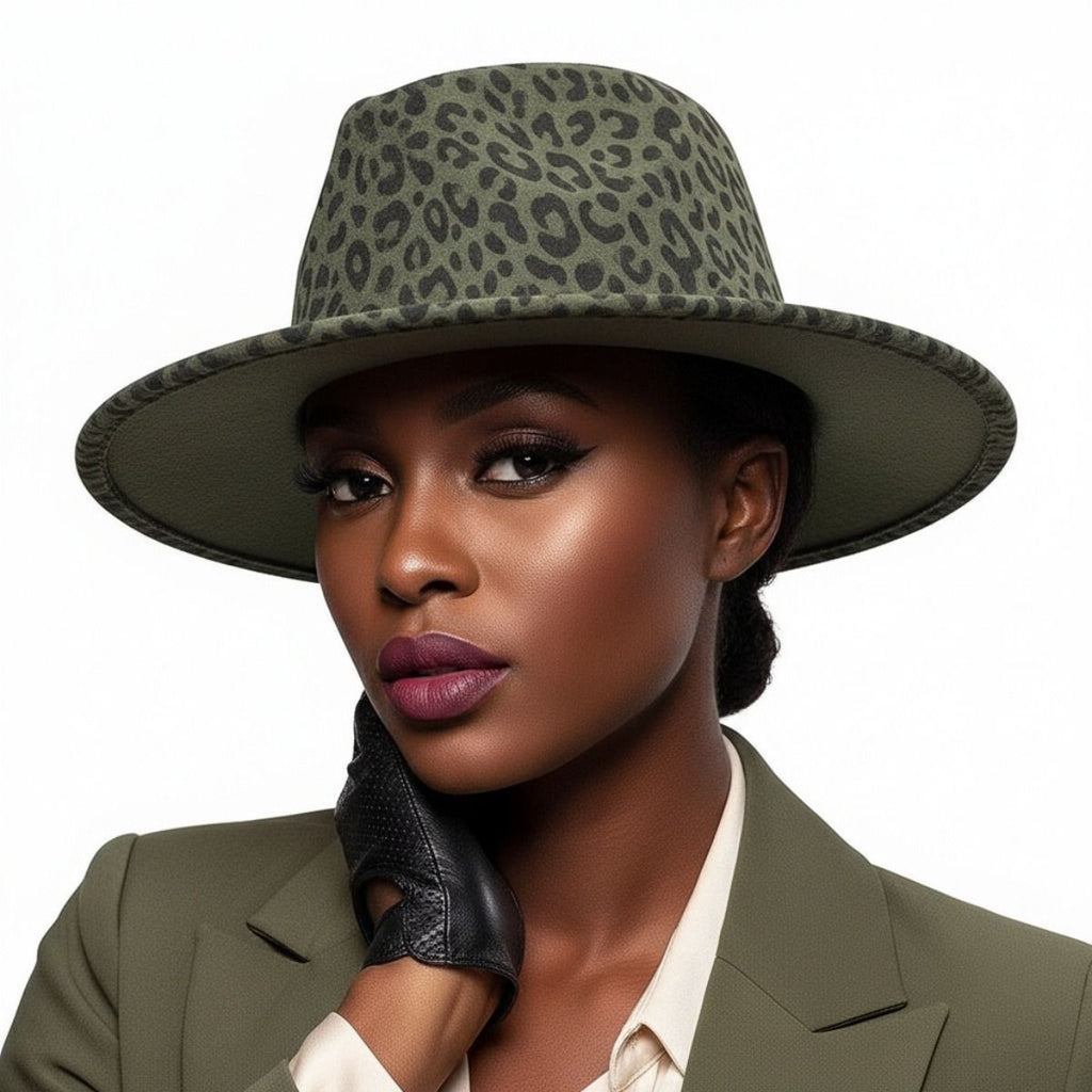 Fashion Hat Fedora Olive Green Leopard Print Stylish Statement Accessory