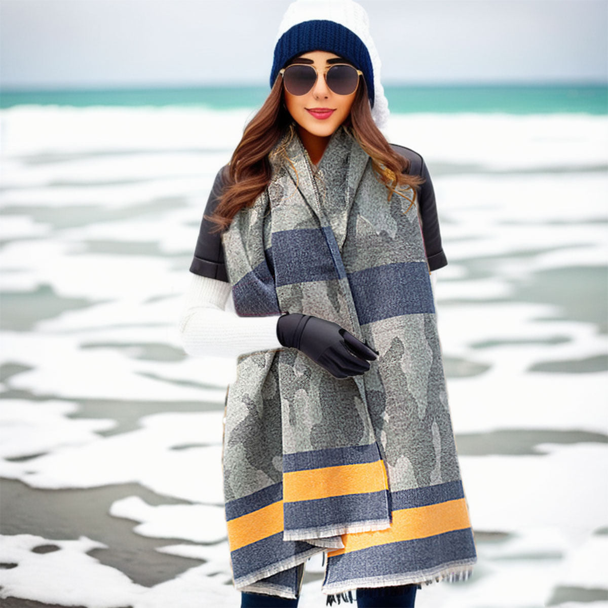 Fashion Scarf with Camo Stripe and Frayed Edge – Stylish Casual Accessory